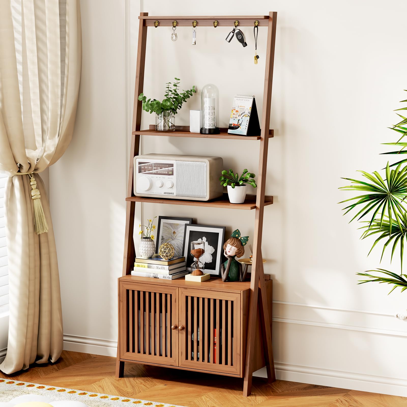 Photo 1 of ***MISSING SIDE BAR***Bookcase with Drawers, 4-Tier Bamboo Bookshelf Ladder Shelf with 6 Hooks, Tall Narrow Retro Book Shelf, 24.8"L x 10.6"W x 59.5"H, Standing Storage Organizer for Living Room, Office, Bedroom, Walnut