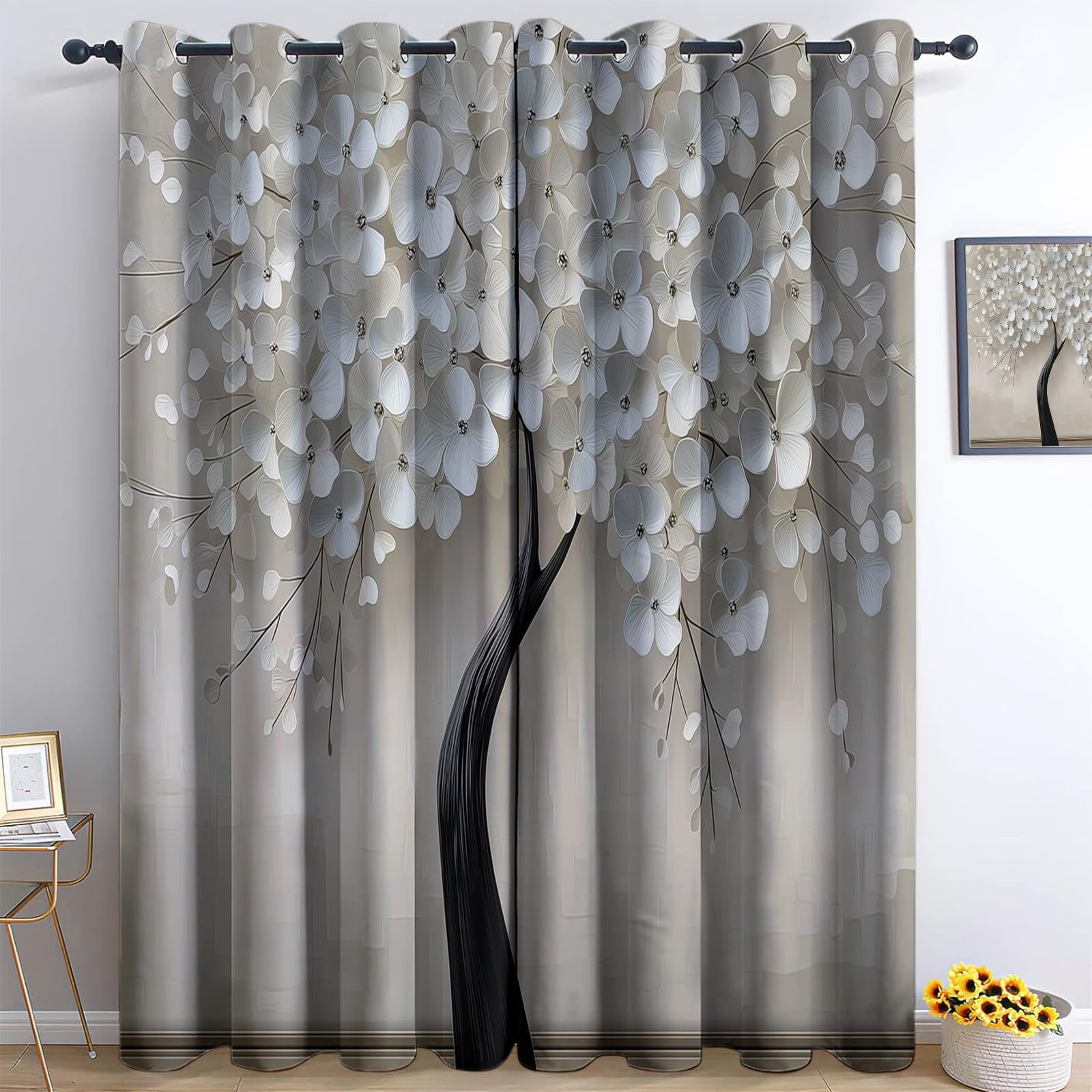Générique Izolowane termicznie zasłony 140 L x 260 H cm, zestaw 2 zasłon 3D z motywem kwiatów, minimalizm, z przelotkami, redukcja hałasu, do sypialni i salonu, jasnobeżowe