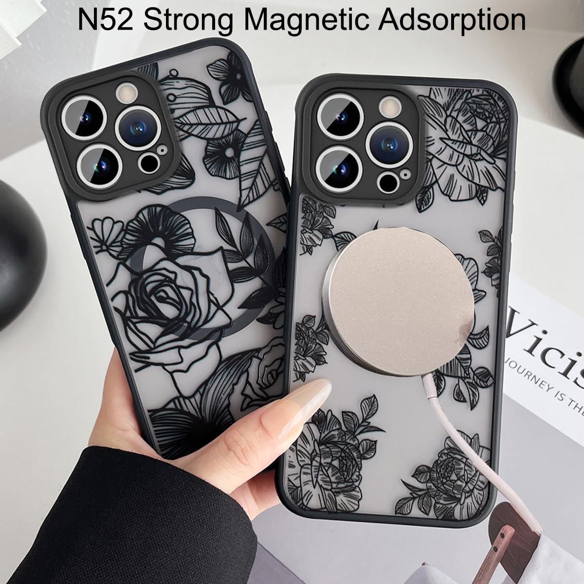 AIGOMARA Magnetic For IPhone 16 Pro Max Case, Compatible With Magsafe Cute Black Rose Flower Floral Pattern Screen Protector Camera Protection Matte Translucent Phone Case For Women Girls