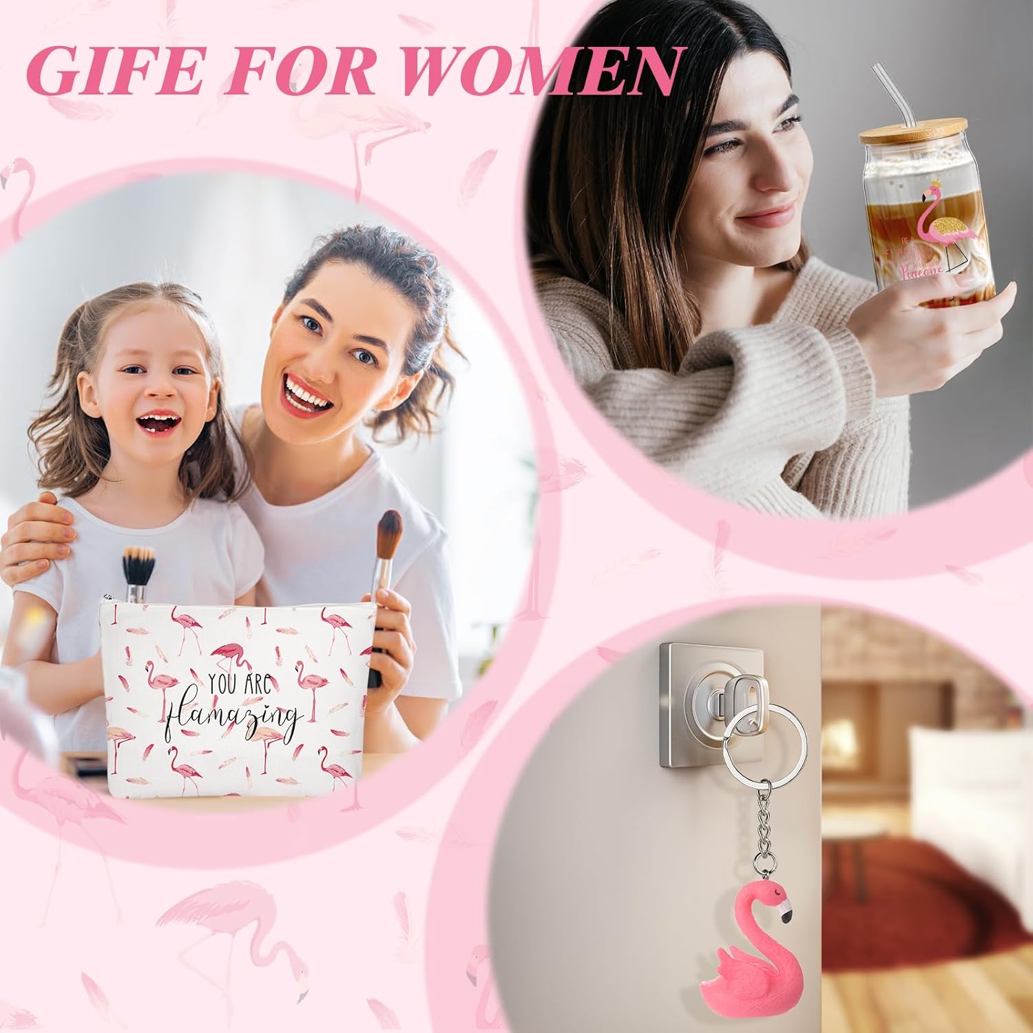 Hushee 3 Pcs Flamingo Theme for Women You Are Flamingo Makeup Bag and Glass Cup with Lid Straw Keychain for Women Day Friend Staff Coworker - Image 6