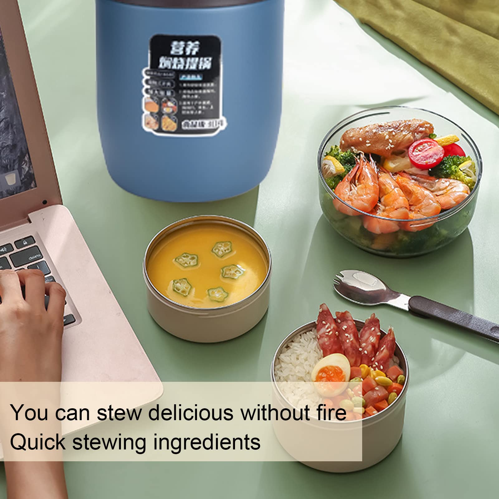 Termo Alimentario de Acero Inoxidable 304 de 2L con Compartimentos Apilables e Impermeables para Oficina (Azul)