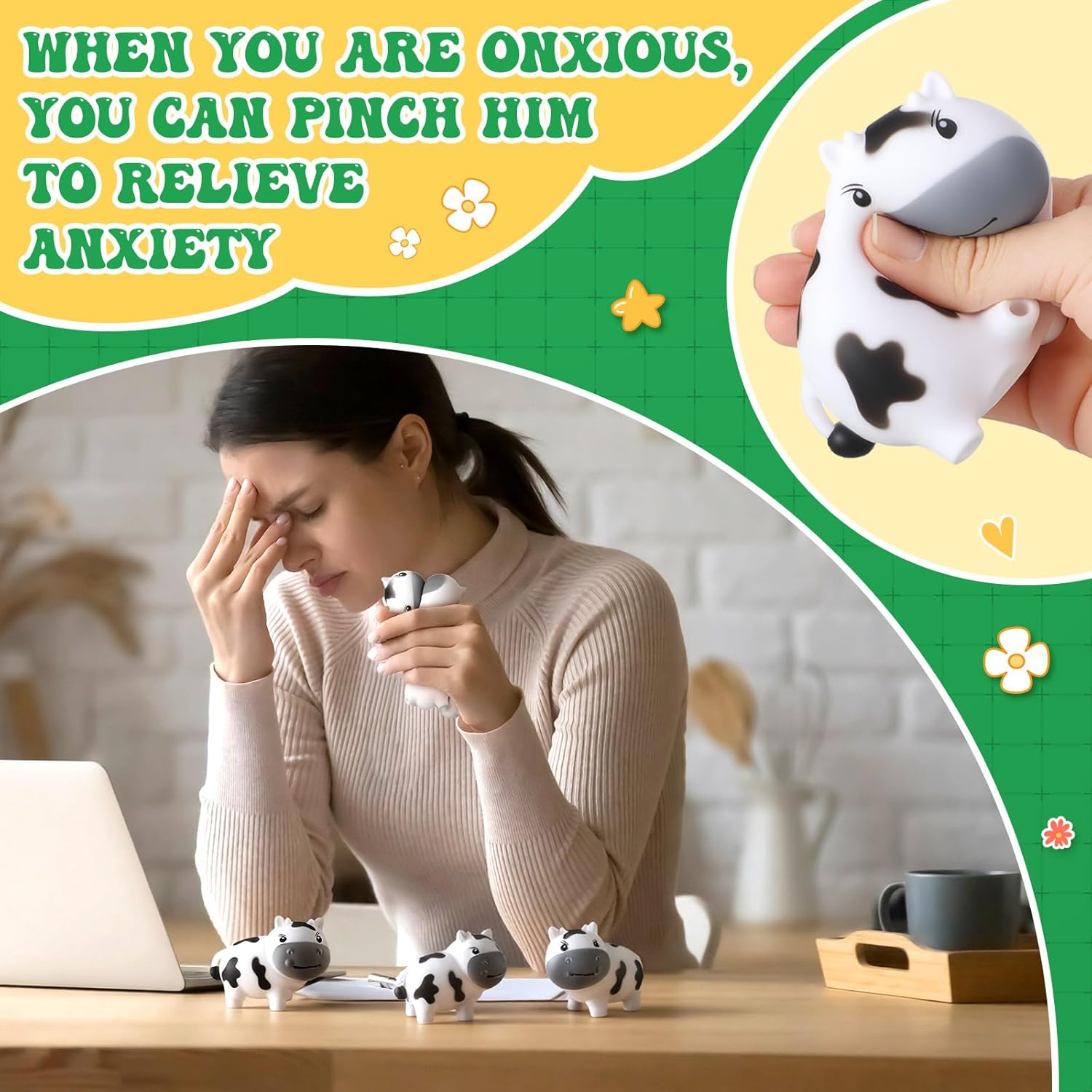 Meooeck 12 Pcs Cow Stress Relief Toy Stress Ball for Adults Mini Animal Stuffy Fidget Toys Black and White Cute Cow Gifts for Easter Basket Stuffer Birthday Party Office Workers ADHD Autism Anxiety