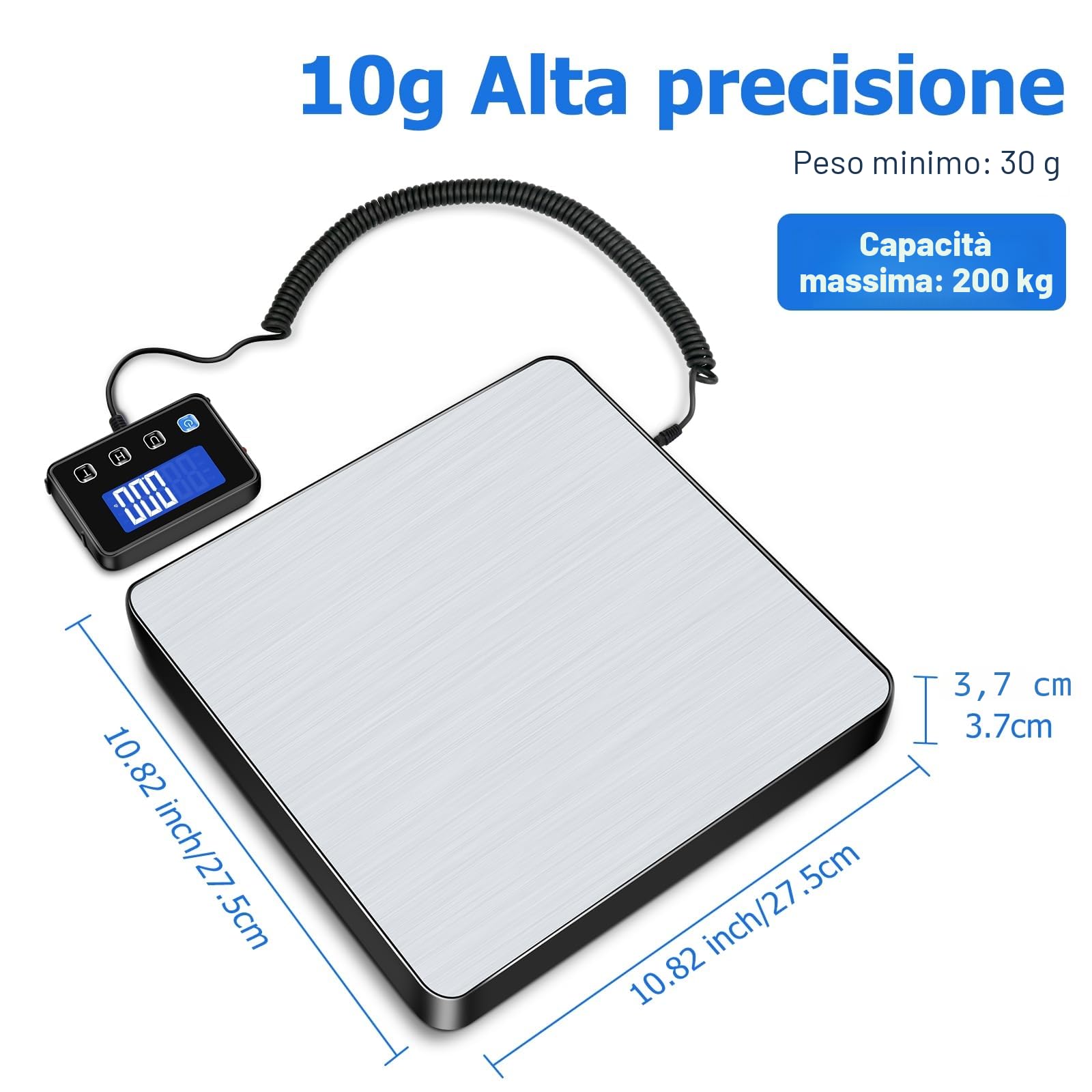 KUAIVO Bilancia Professionale 200kg/10g Alta Precisione, Bilancia Pesa Pacchi LCD Hold Tara, Piattaforma Acciaio Inossidabile
