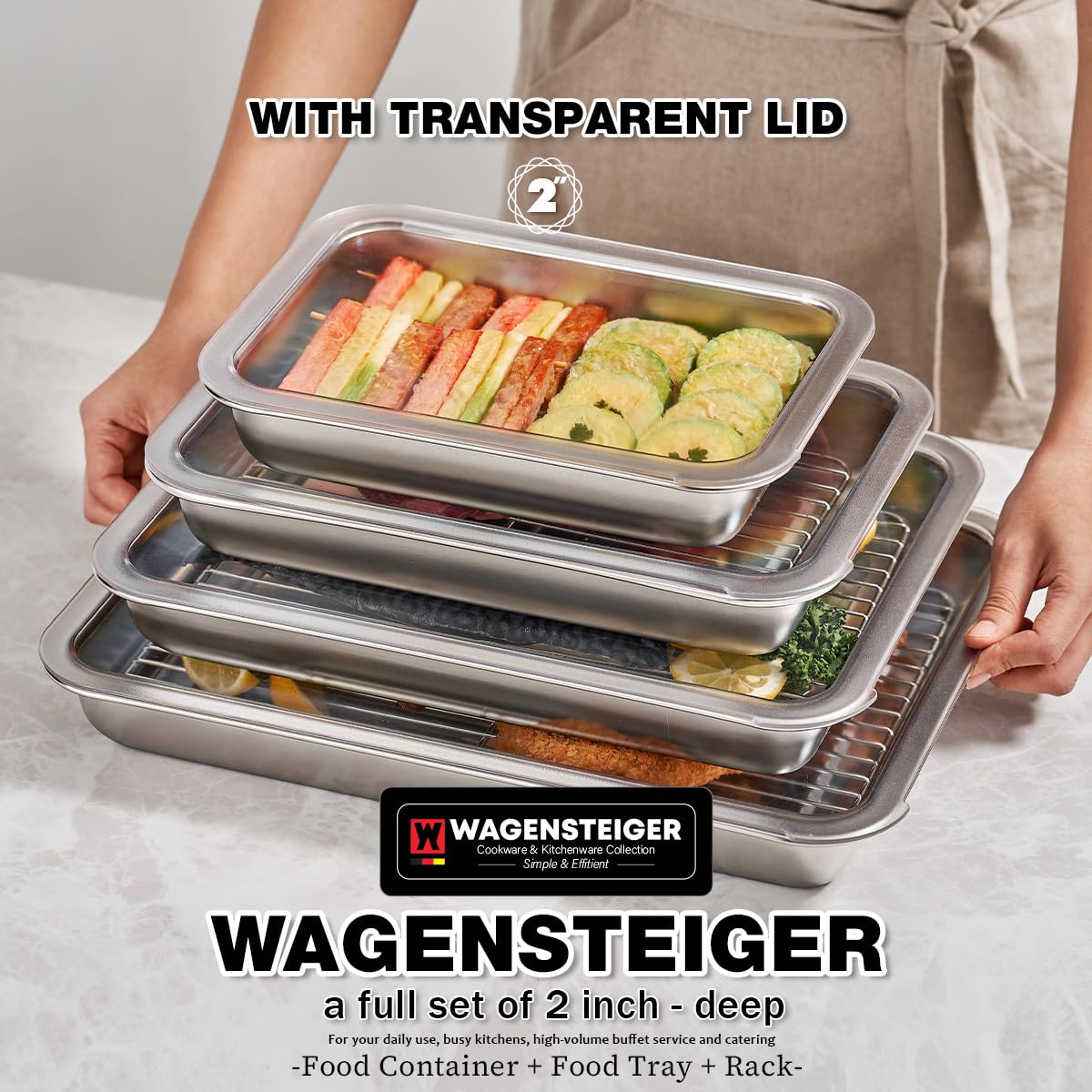 WAGENSTEIGER Juego de recipientes de acero inoxidable para preparación de alimentos con estante y tapa transparente, sartenes de catering, sartenes de restaurante, sartenes de fiesta de bufé, sartenes
