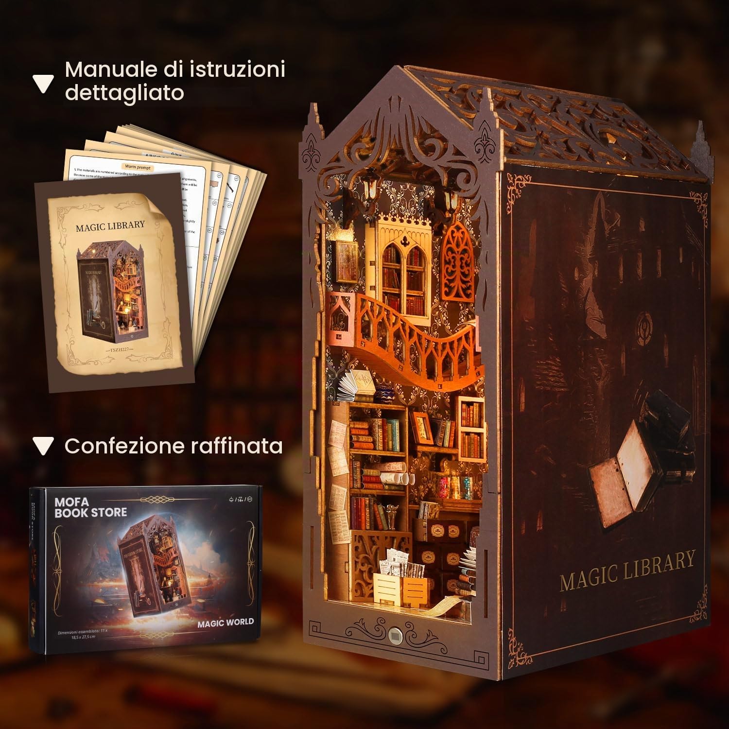 shrike Book Nook Kit Casa delle Bambole Magica Fai Da Te Booknook, Kit Casa Miniatura, Puzzle 3D in Legno, Illuminazione a LED, Regalo Decorativo per Libreria