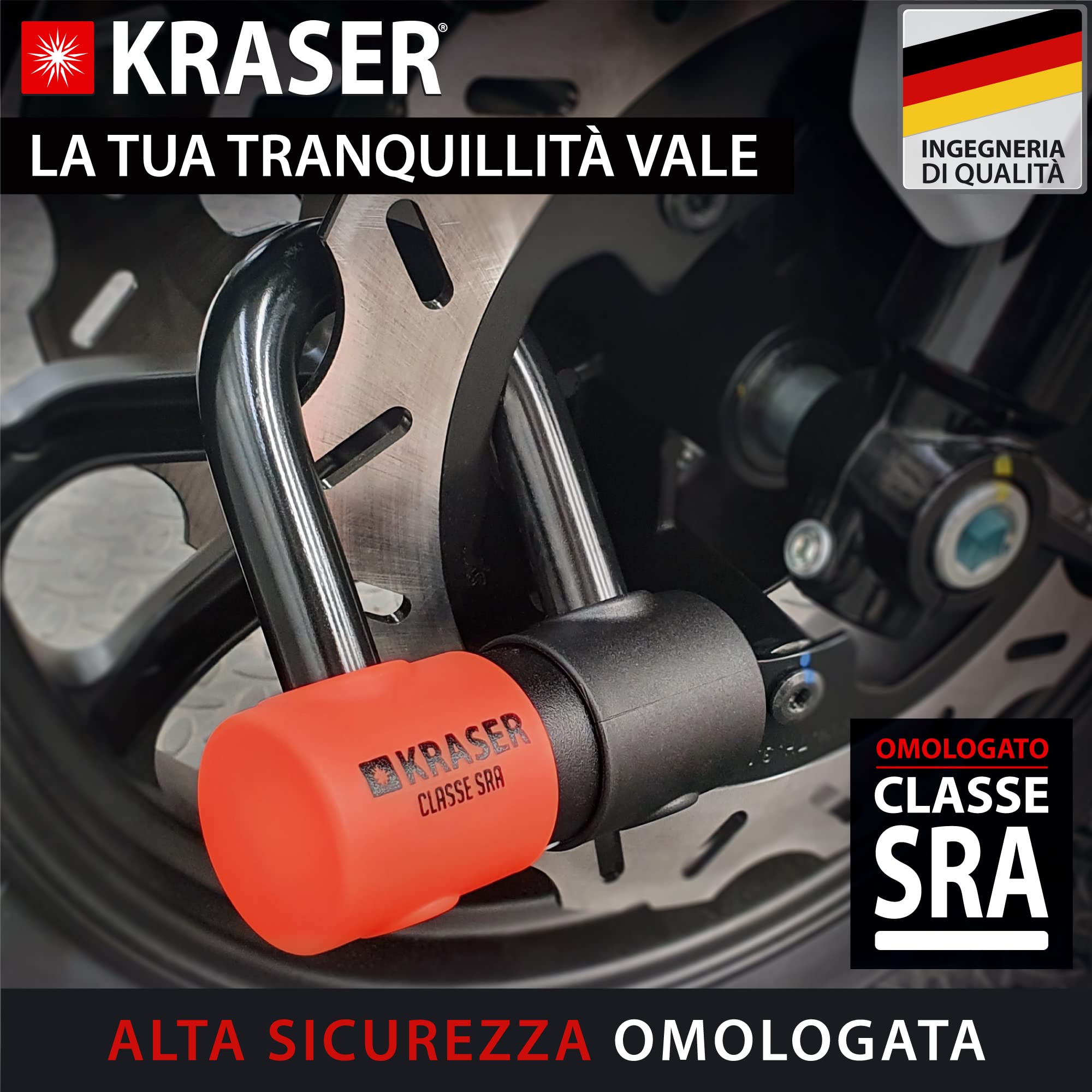 KRASER KR50 Bloccadisco Moto Mini U Omologato SRA, Arco in Acciaio Ultra Rinforzato 18 Testato, Doppia Chiusura, Serratura a Dischi Antiscasso, Cavo Promemoria, Lucchetto Antifurto Blocca Disco Moto
