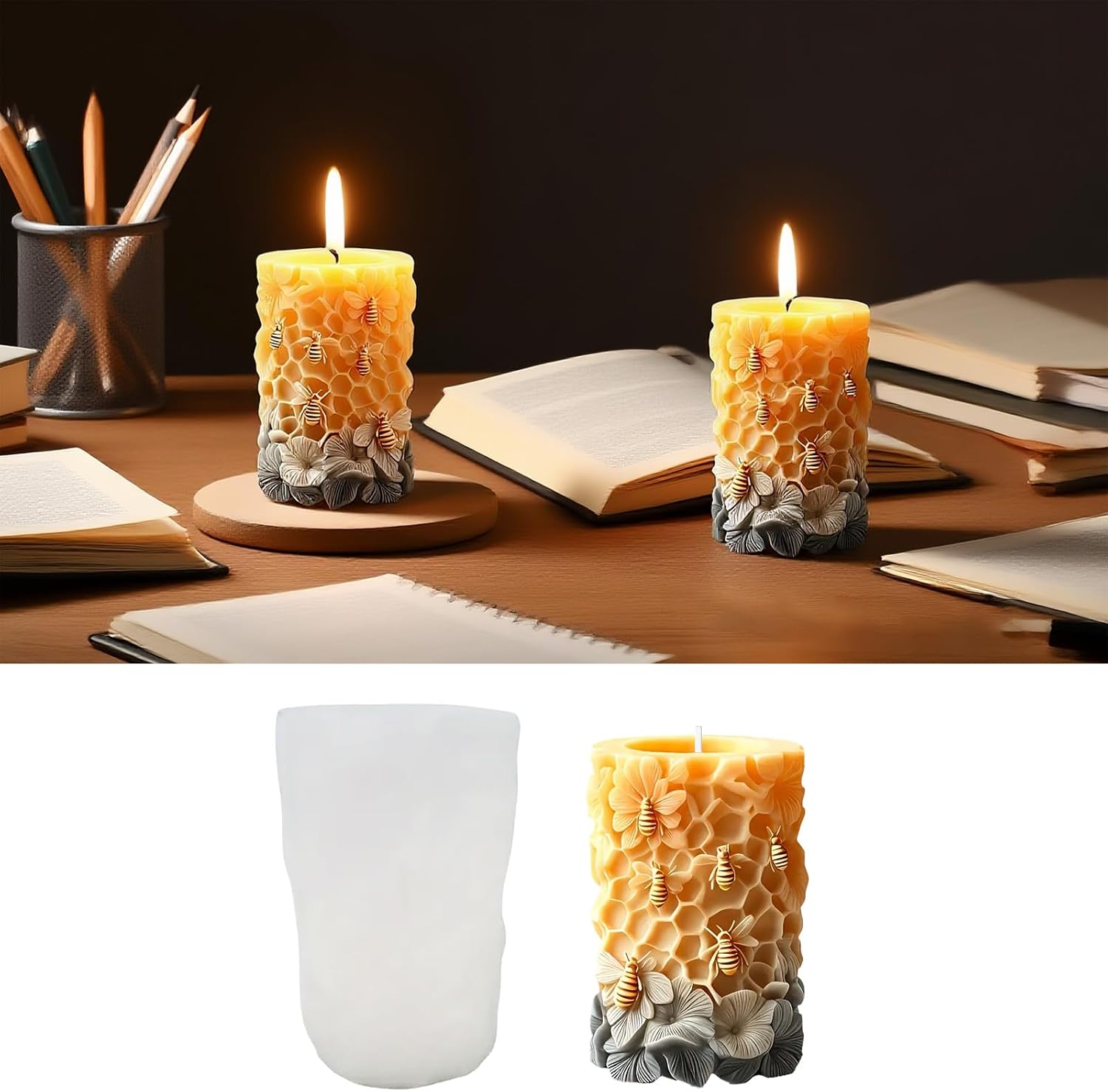 3D Bee Honeycomb Flower Pillar Candle Mold, Silicone Molds for Epoxy Resin Candle Making Wax Aromatherapy & DIY Wax Soap, Home Decoration Handmade Crafts