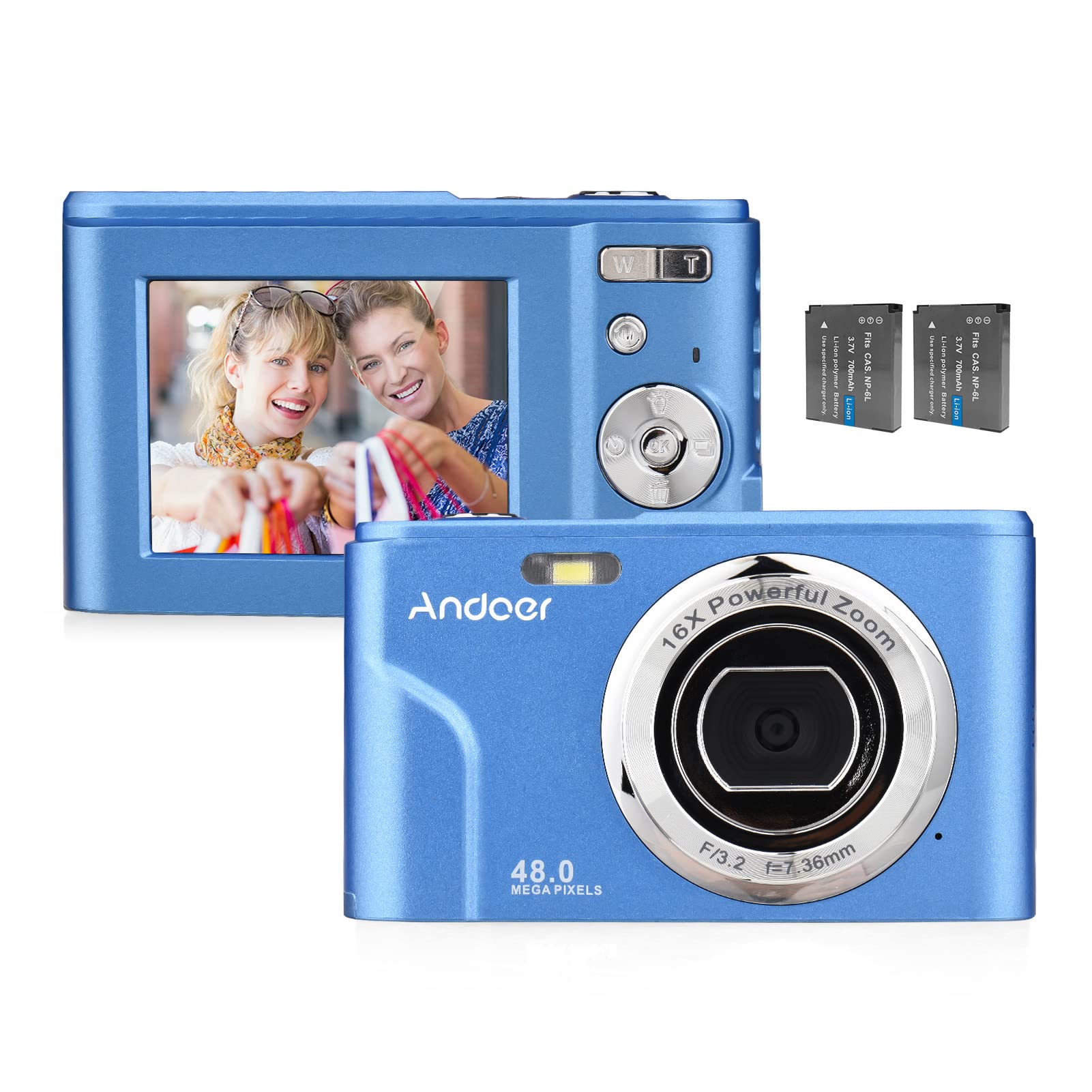 Andoer Aparat cyfrowy z autofokusem, 48 MP, 1080p, 2,4", aparat cyfrowy z 2 bateriami, pasek na rękę, torba do przenoszenia, dla dzieci, młodzieży, początkujących, studentów, ciemnoniebieski