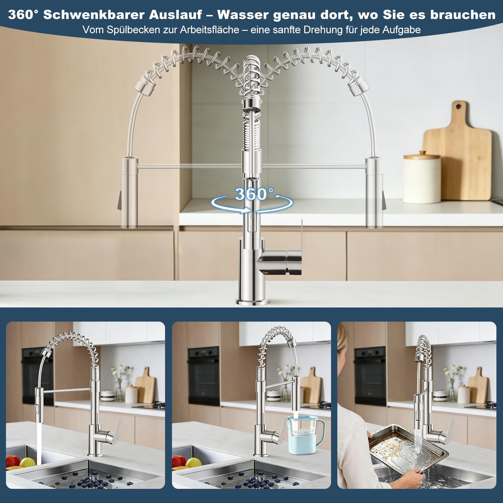 Wasserhahn Küche, Lagontap Elegante Hochdruck Küchenarmatur mit Herunterziehbarer Brause, Zwei Sprühfunktionen, Mischbatterie Küche mit 360° Drehung und Hohem Bogen, Edelstahl Spültischarmatur