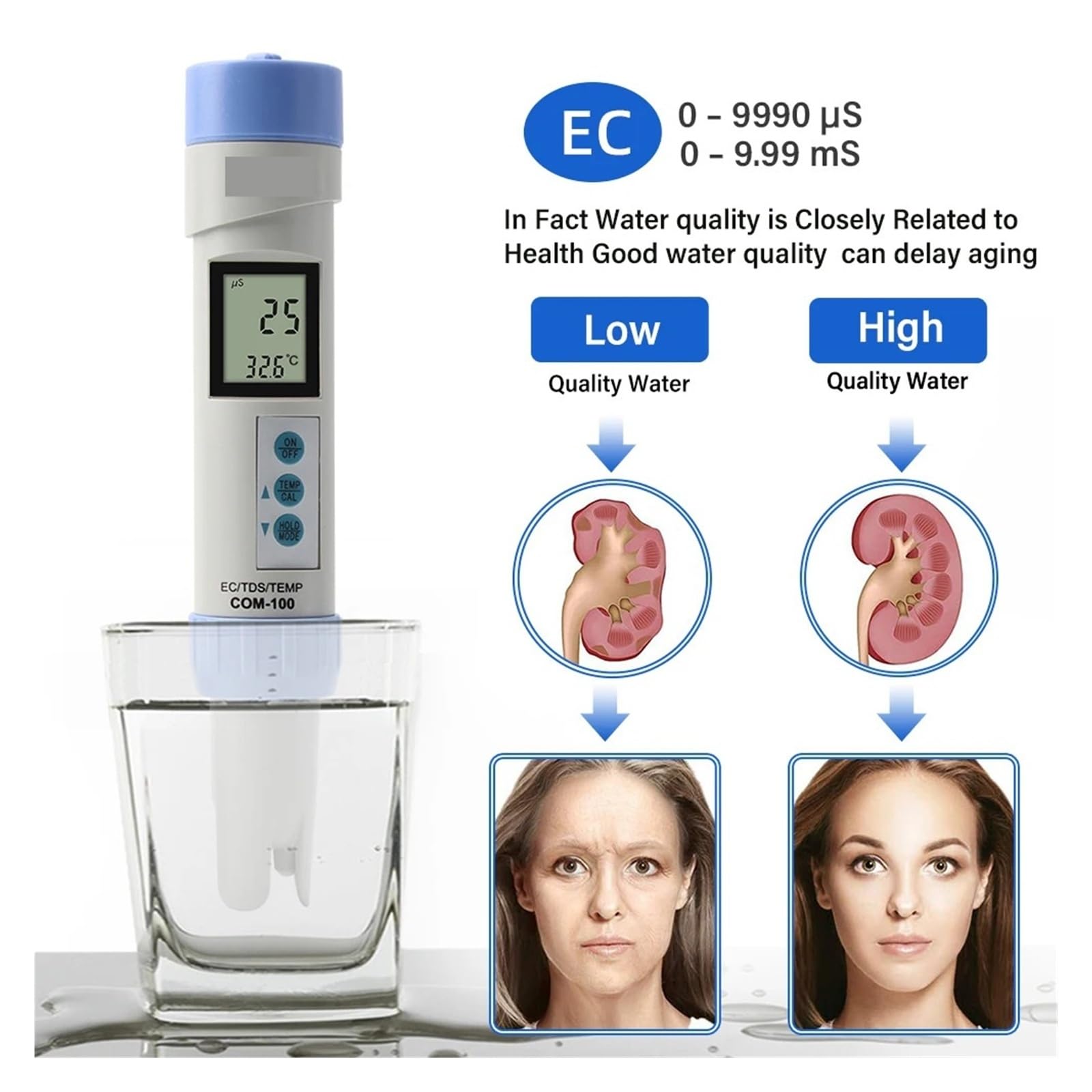 Probador de calidad del agua Medidor digital de TDS, EC, temperatura y pH, ±0,1, alta precisión, probador de calidad del agua, resistente al agua, for acuarios y piscinas.(Nero)