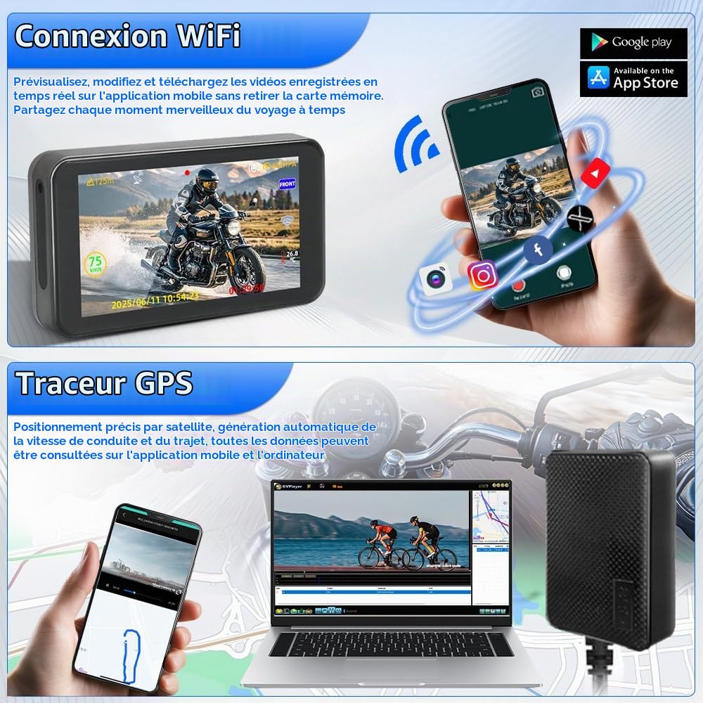Caméra de Tableau de Bord pour Moto VSYSTO, écran 4,5'', caméras WiFi 1080P 3CH, Mode Selfie, GPS, contrôleur Filaire, Surveillance stationnement, Conduite assistée, Affichage température