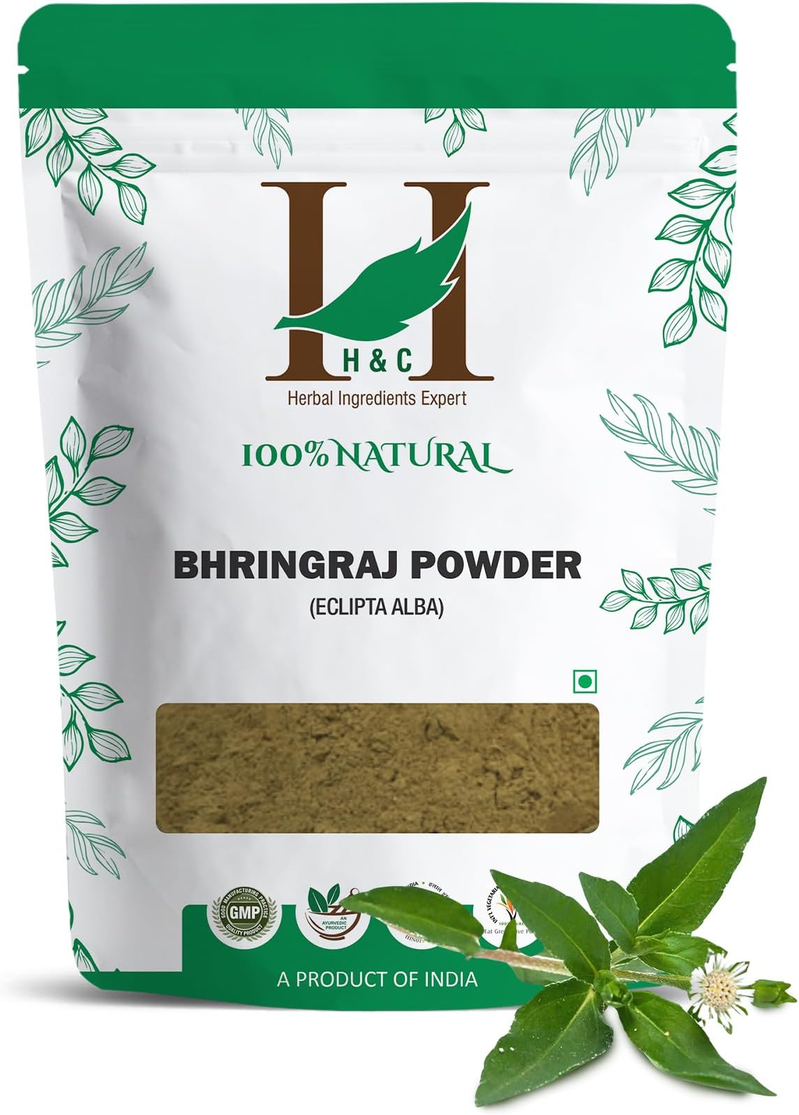 H&C- 100% Natural Bhringraj Powder for Hair (227g / 0.5 LB/ 08 oz) - Hair Growth Rejuvenator from Indian Ayurveda