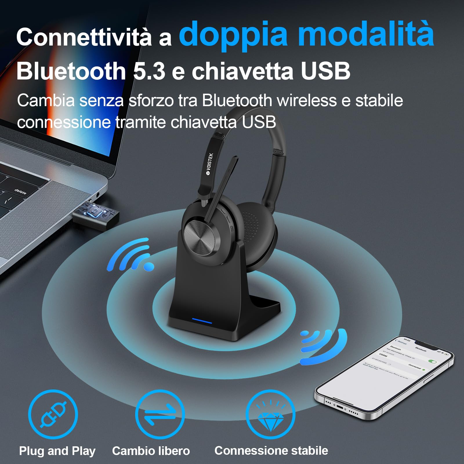 Voistek Cuffie Bluetooth Wireless con Microfono e Cancellazione Rumore, Dongle USB per PC, 45 Ore di Autonomia, Tasto Muto, Ideali per Ufficio, Riunioni, Zoom, Call Center, Laptop, Computer