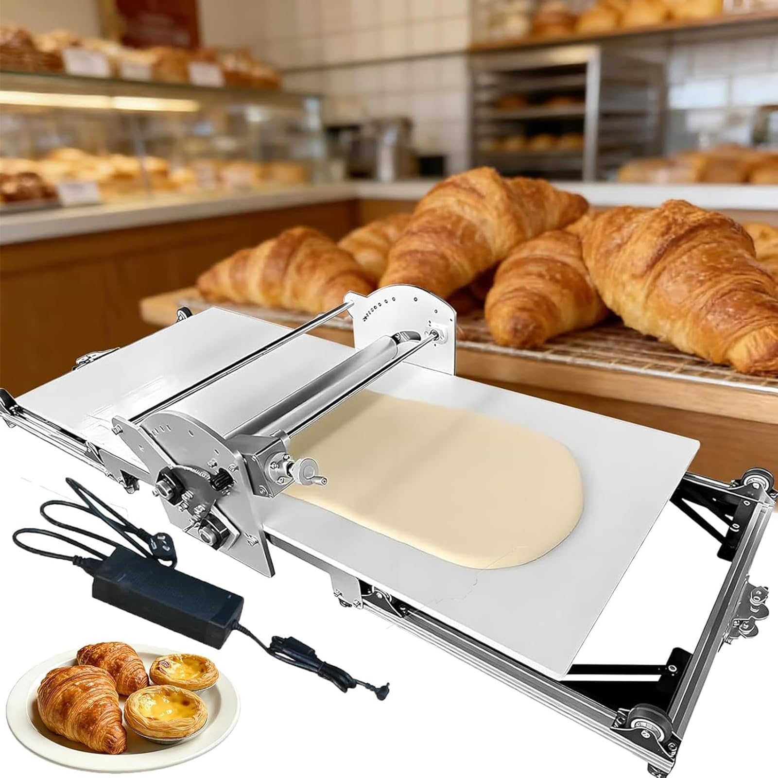 Sfogliatrice Pasticceria Elettrica, Sfogliatrice Elettrica Professionale per la Cottura in Casa, in Acciaio Inox, Spessore Regolabile 2-30 mm, Laminatrice per Pasta Sfoglia Croissant e Pizza