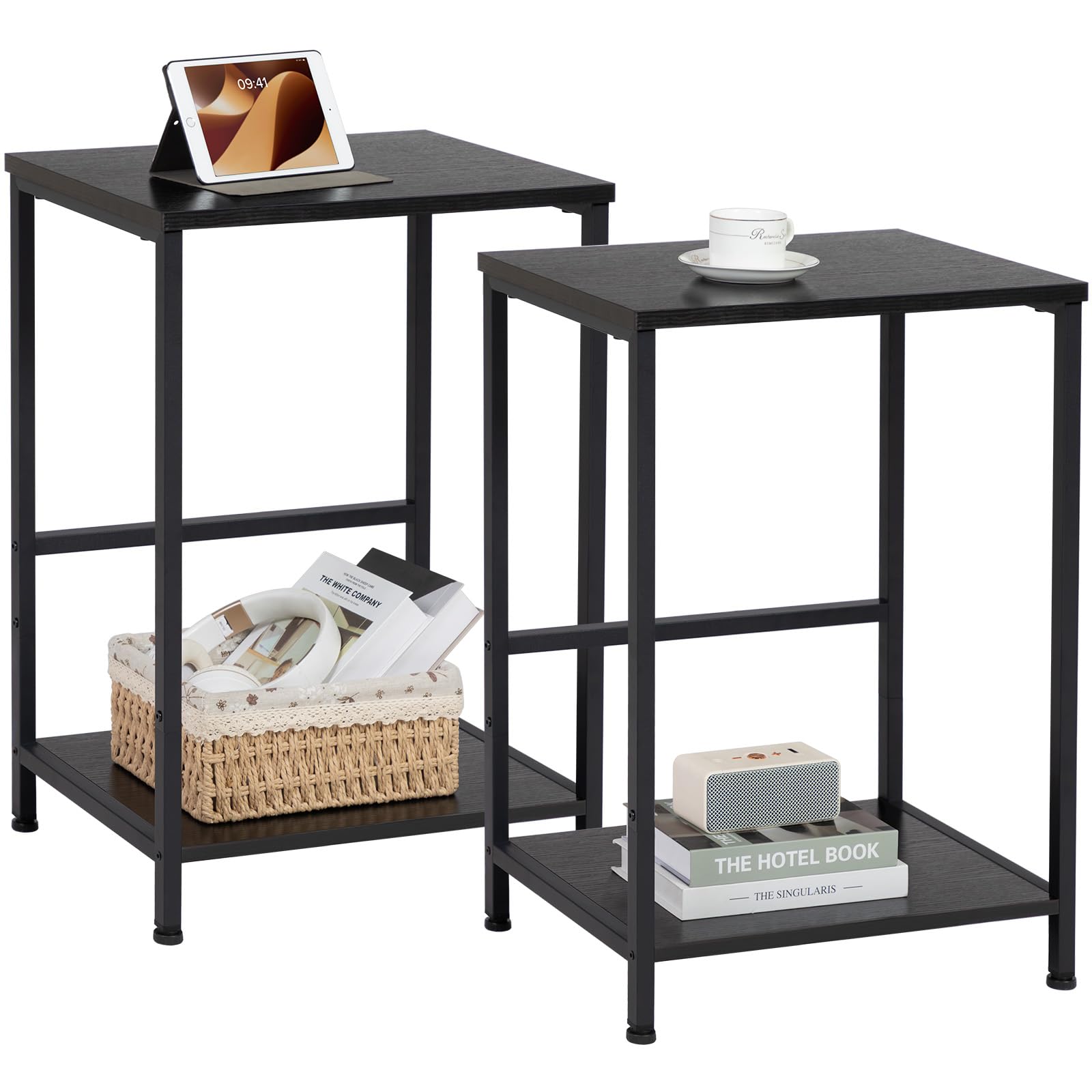 AMHANCIBLE Side Tables Set of 2, 2-Tier Sofa Side Tables, Bedside Tables with Steel Frames, Coffee Table, Small End Table for Small Spaces, Modern Nightstand for Living Room, Bedroom, Black HET03SQBK โ image 1