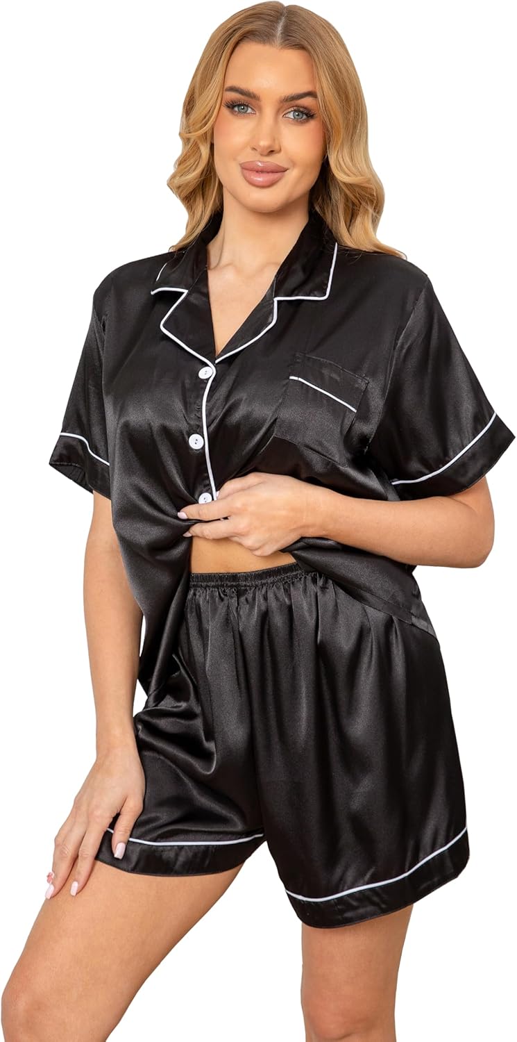 Vopmocld Women Sexy Satin Pajama Short Sets Button Down Silk 2 Piece Nighty Cute Loungewear with Chest Pocket Lady S-2XL