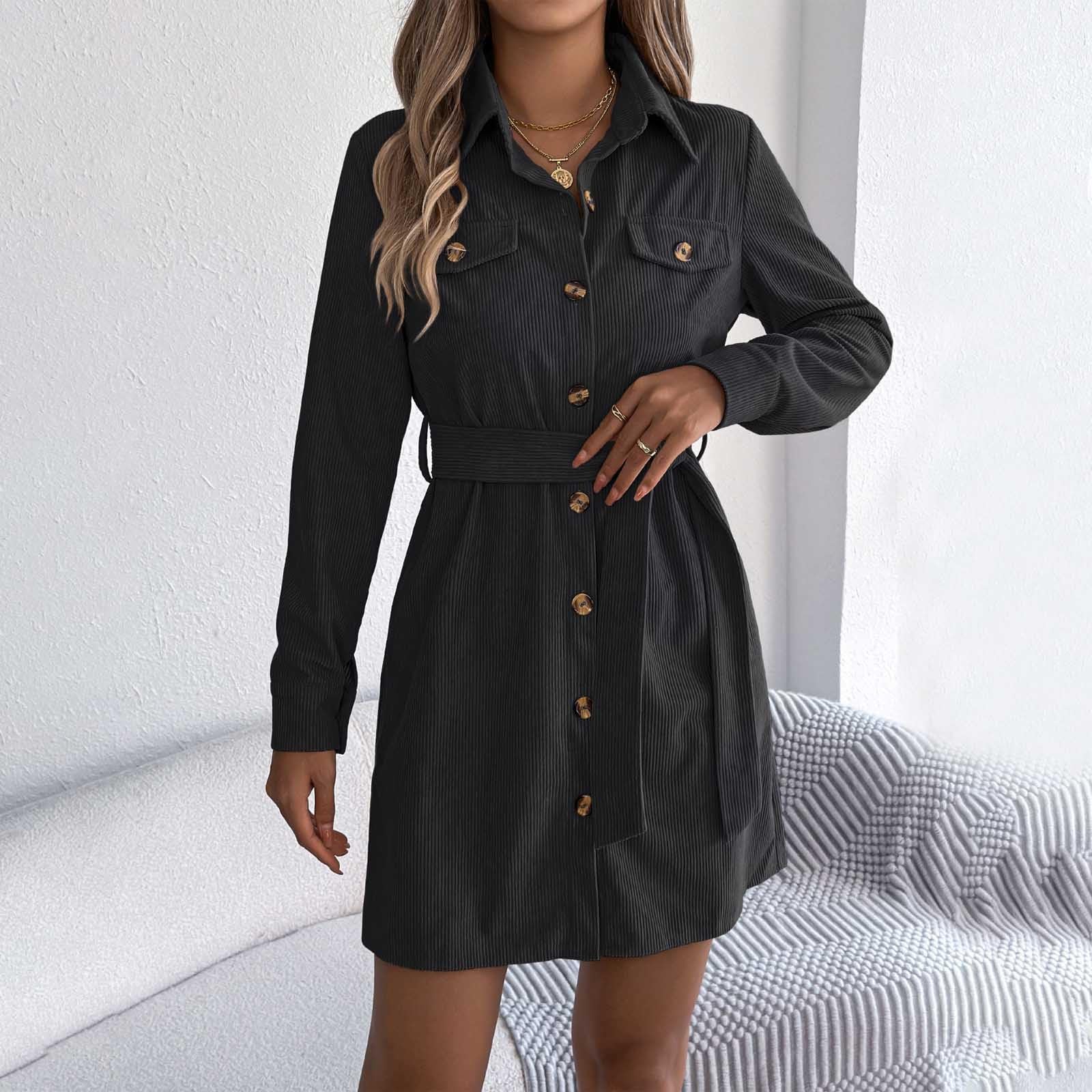 Vestido de Pana con Botones para Mujer Manga Larga y Cintura Ajustable Informal para Uso Diario