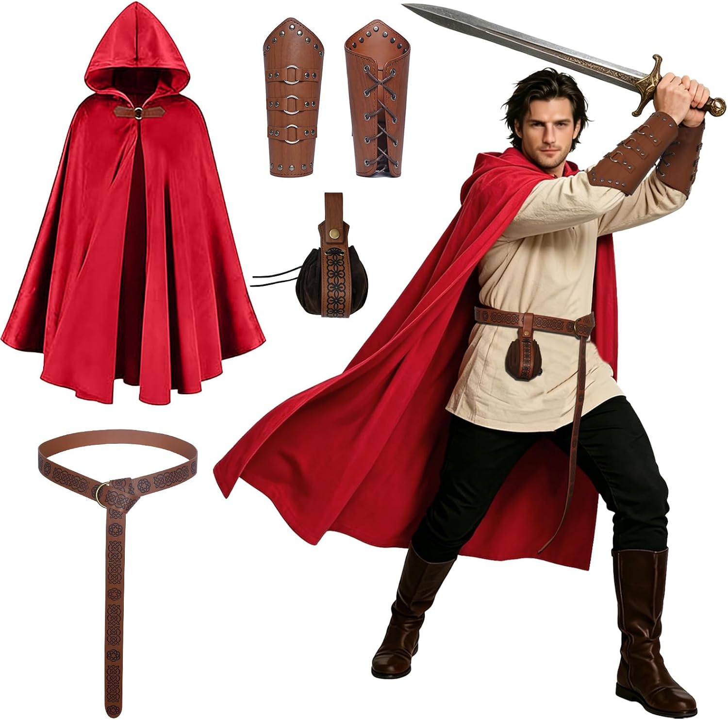 Unisex Renaissance Hooded Cloak with Medieval Costume Accessories-Belt-Pouch-Bracers,Ren Faire Halloween Outfit