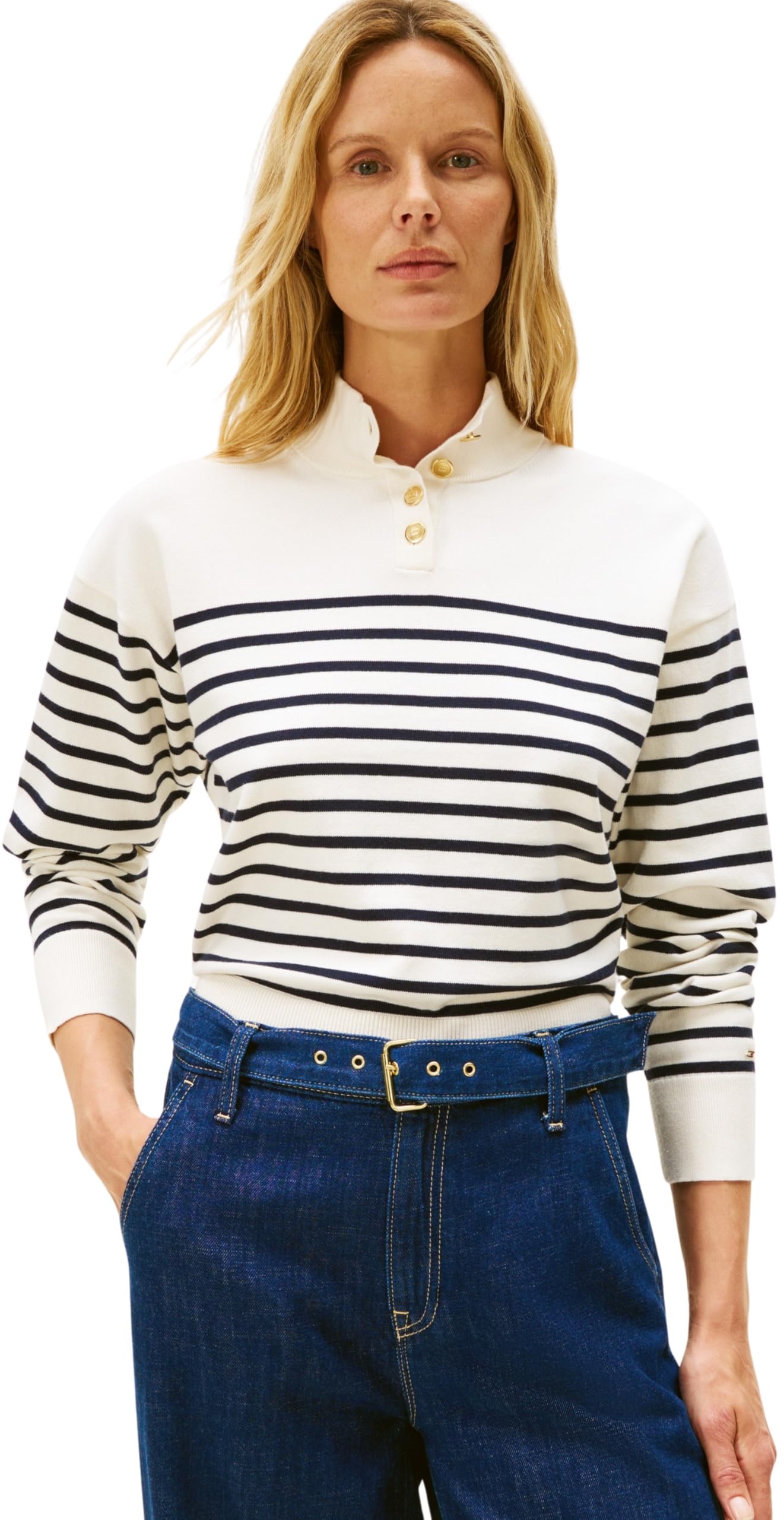 Tommy Hilfiger Women's Gold Stripe -Tone Button Mock Neck Jumper In Placed Thin Navy Stp Sweaters