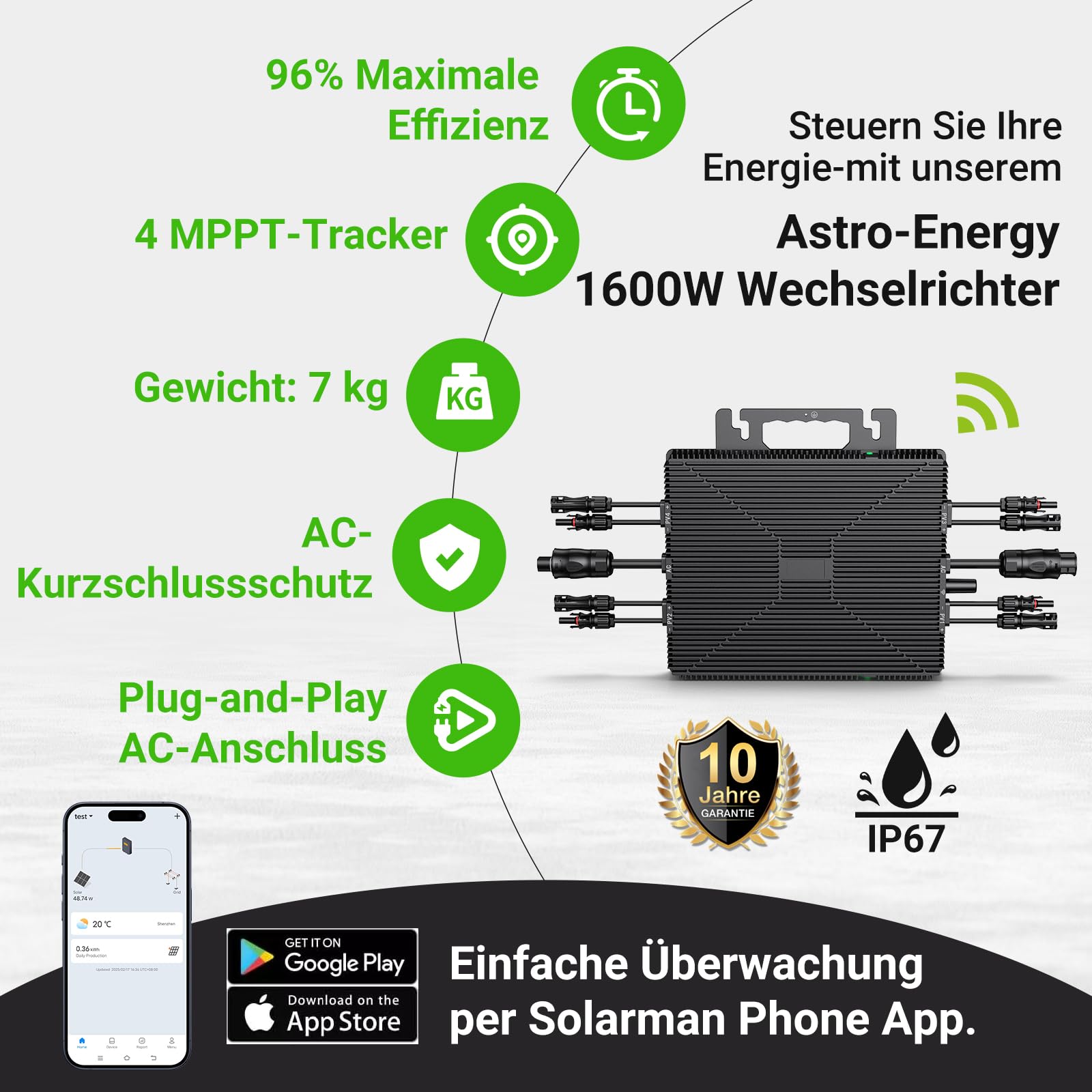 2000W Wechselrichter, Solar Mikrowechselrichter mit WLAN & Bluetooth, App-Fernüberwachung, IP67 Wasserdicht Wechselrichter, mit 5 m AC-Kabel für Balkonkraftwerk