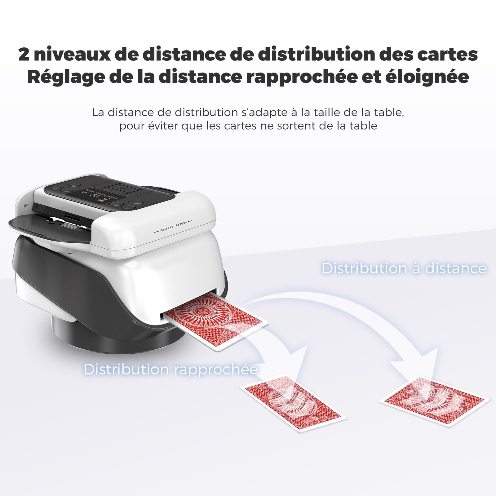 Mélangeur et distributeur de cartes automatique avec fonction de rotation à 360°, répartition de cartes réglable pour plusieurs joueurs, angle de sortie polyvalent et compatibilité avec