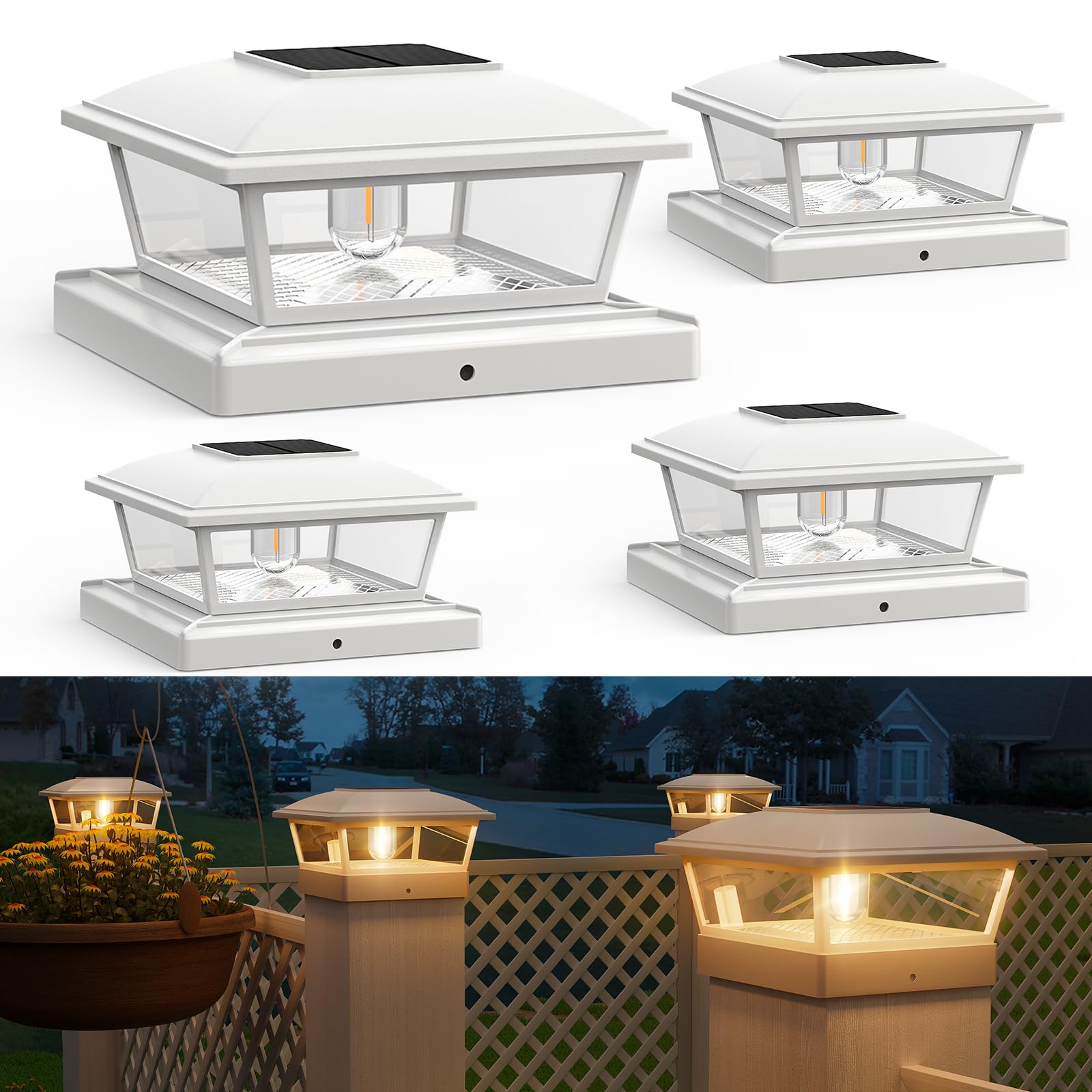 APONUO Solar Post Lights Outdoor, 2 Modes Edison LED Bulbs Solar Post Cap Lights for 4x4 5x5 6x6 Vinyl Wooden Posts Waterproof Fence Post Lights Solar Powered for Deck/Fence/Porch (White, 4 Packs)