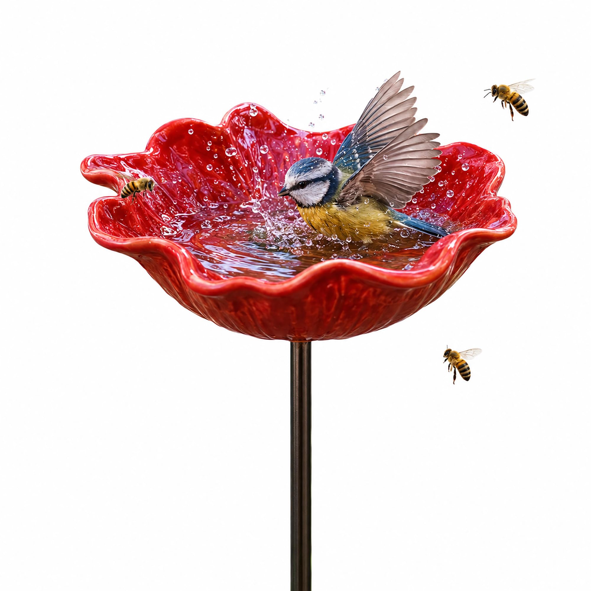 SOOZR Bird Bath for Garden, Red Metal Flower Bowl with Stake for Wild Birds