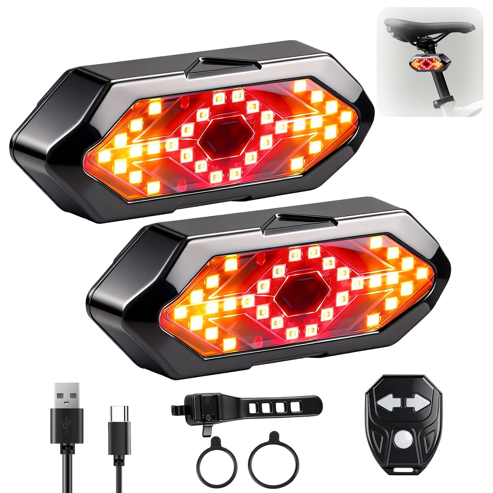 Feu arrière vélo télécommandé sans fil 32 LED 5 Modes Alarme 120 DB Rechargeable USB 900 mAh IPX4