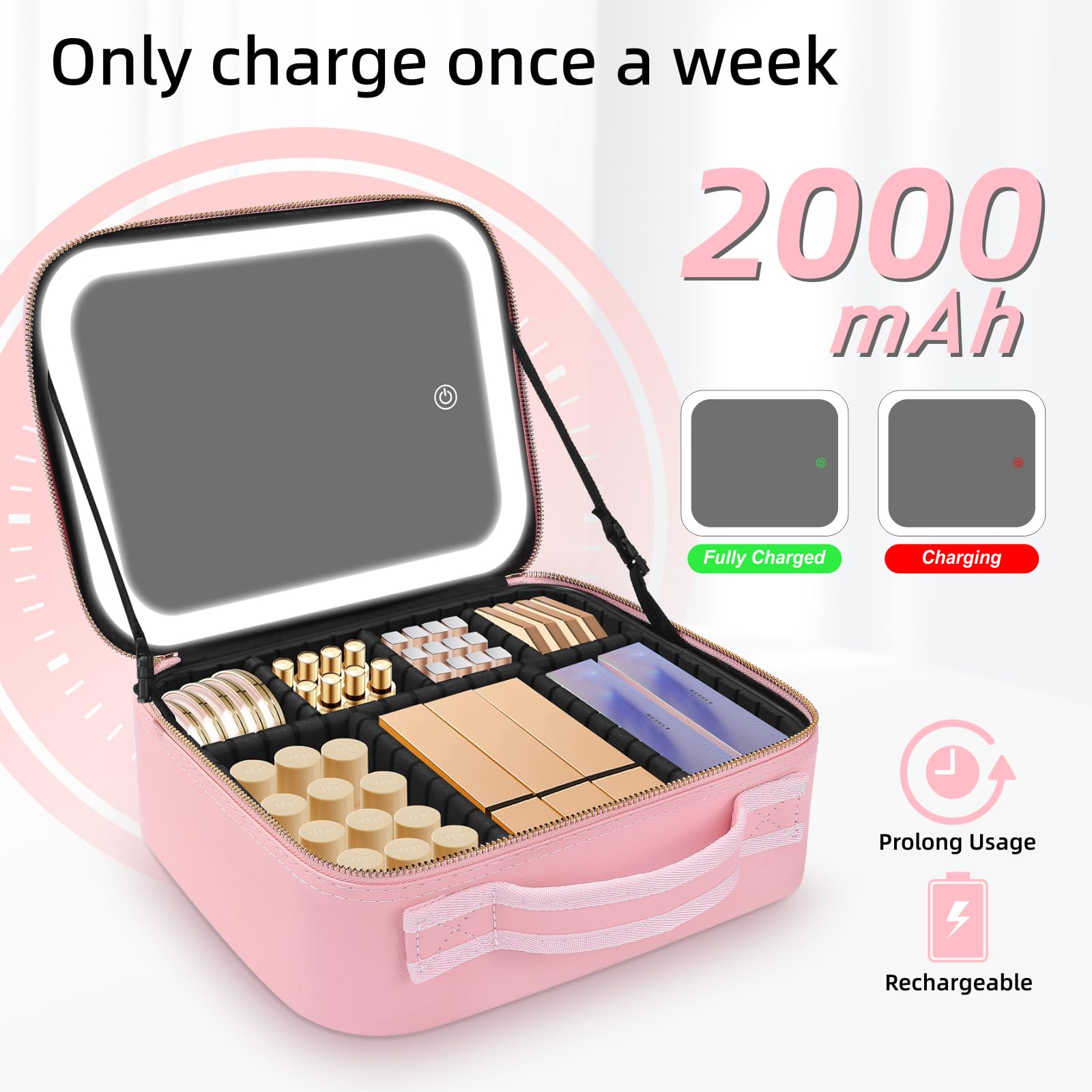 Travel Makeup Bag with LED Mirror,Travel Makeup Organizer,Makeup Case with Lighted 3 Color Setting,Waterproof Makeup Box with 10X Magnifying Mirror,Adjustable Dividers,Pink - Image 4
