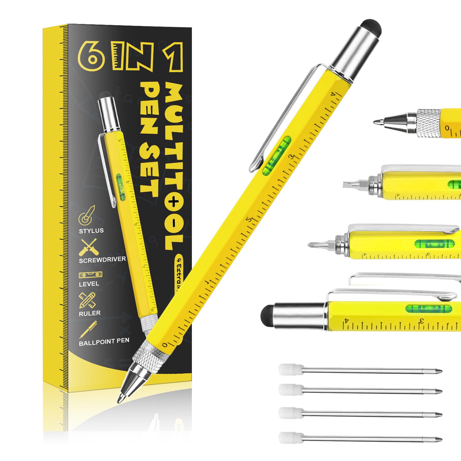Novelty Gifts 6 in 1 Pens for Men Women, Multi Tools Pen EDC Unique Gadget as Christmas, Valetentine's Day, Father' Day, Birthday Pens Gifts for Dad, Boyfriends (Yellow)