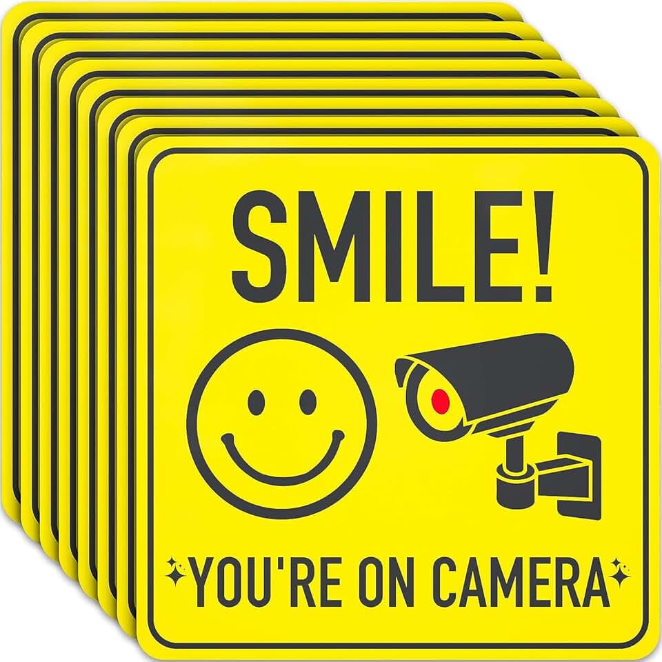 Smile You're On Camera Sign Stickers - 7 X 7 Inch - 8 Pack - Polite Video Surveillance Signs to Prevent Trespassing on Private Property - Perfect for House, Business, Yard or Private Driveway