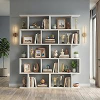 Vista 1 de 5-Tier Geometric Bookcase (Set of 2), 62.6" Tall S-Shaped Bookshelf & Room Divider, Modern White Freestanding Display Shelving Unit for Living Room