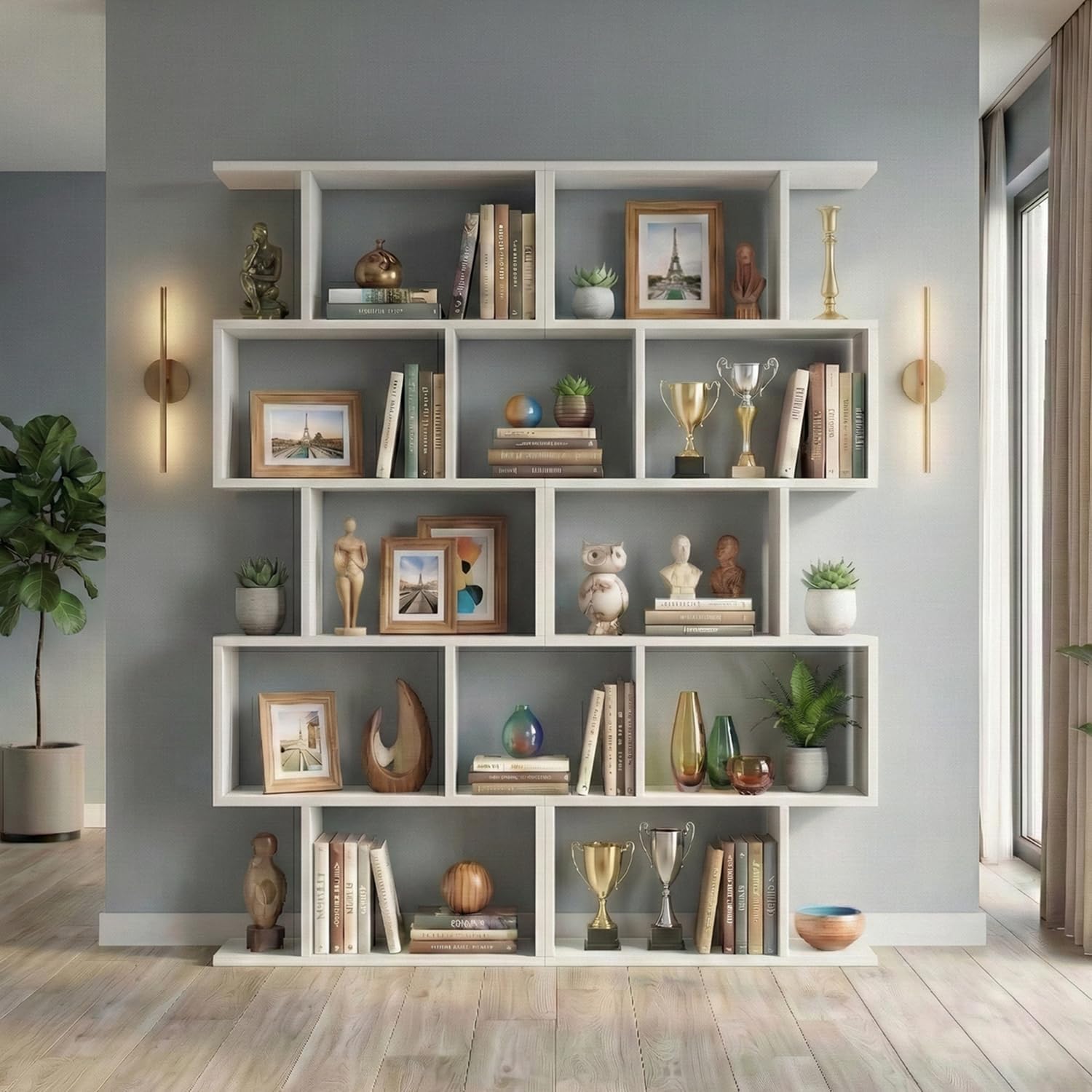 DIYART White 5-Tier Geometric Bookcase, S-Shaped Modern Bookshelf Set of 2, 6...