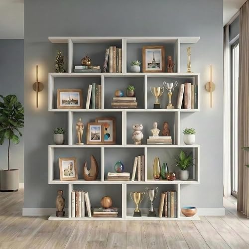 5-Tier Geometric Bookcase (Set of 2), 62.6" Tall S-Shaped Bookshelf & Room Divider, Modern White Freestanding Display Shelving Unit for Living Room,