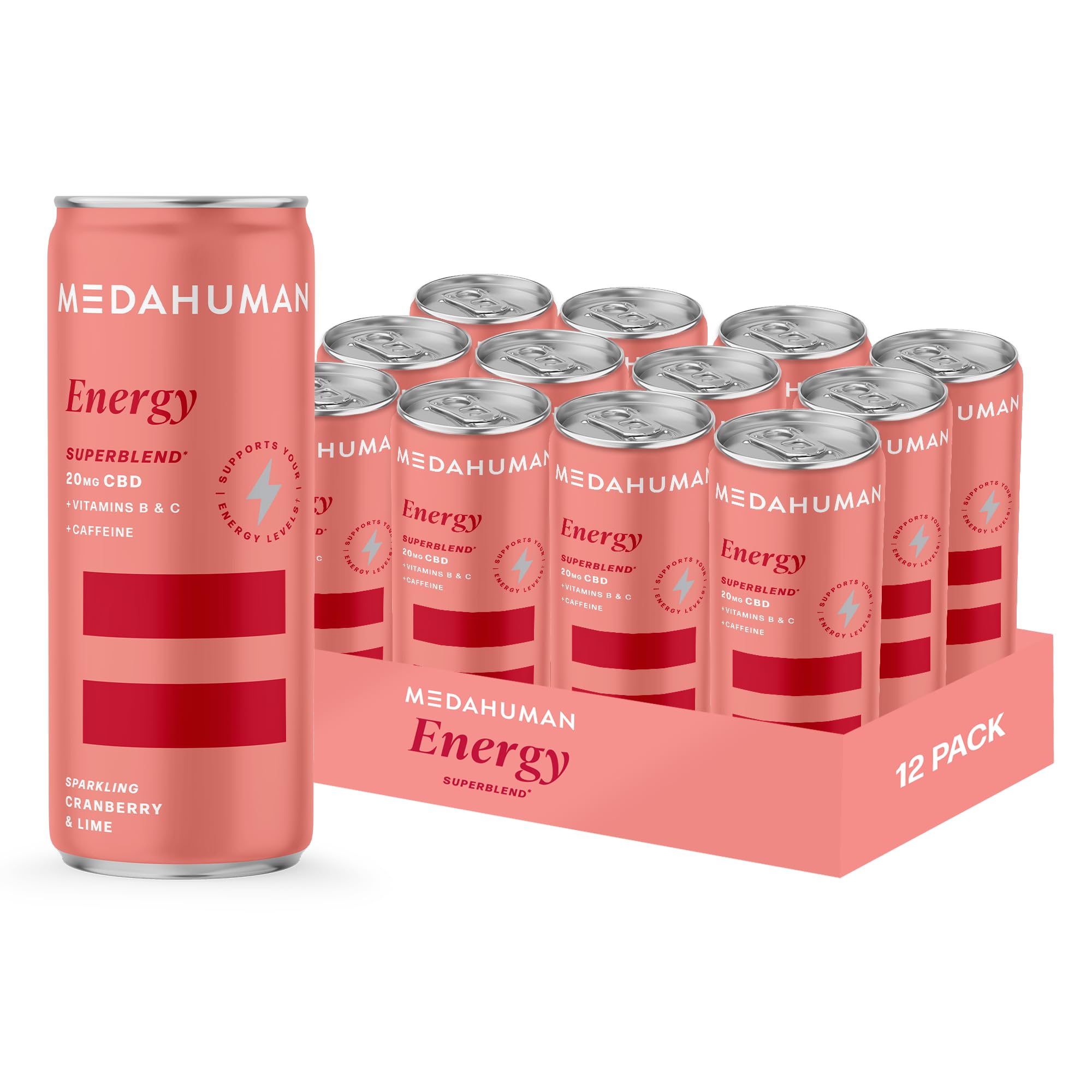 MEDAHUMANCBD Drink (20mg), Energy, Cranberry & Lime, with Natural Caffeine, Ginseng, Vitamin C & B, Low Calorie, Vegan, Nootropic, Adaptogens & CBD Infused Clean Energy Drink (Pack of 12 x 250ml)