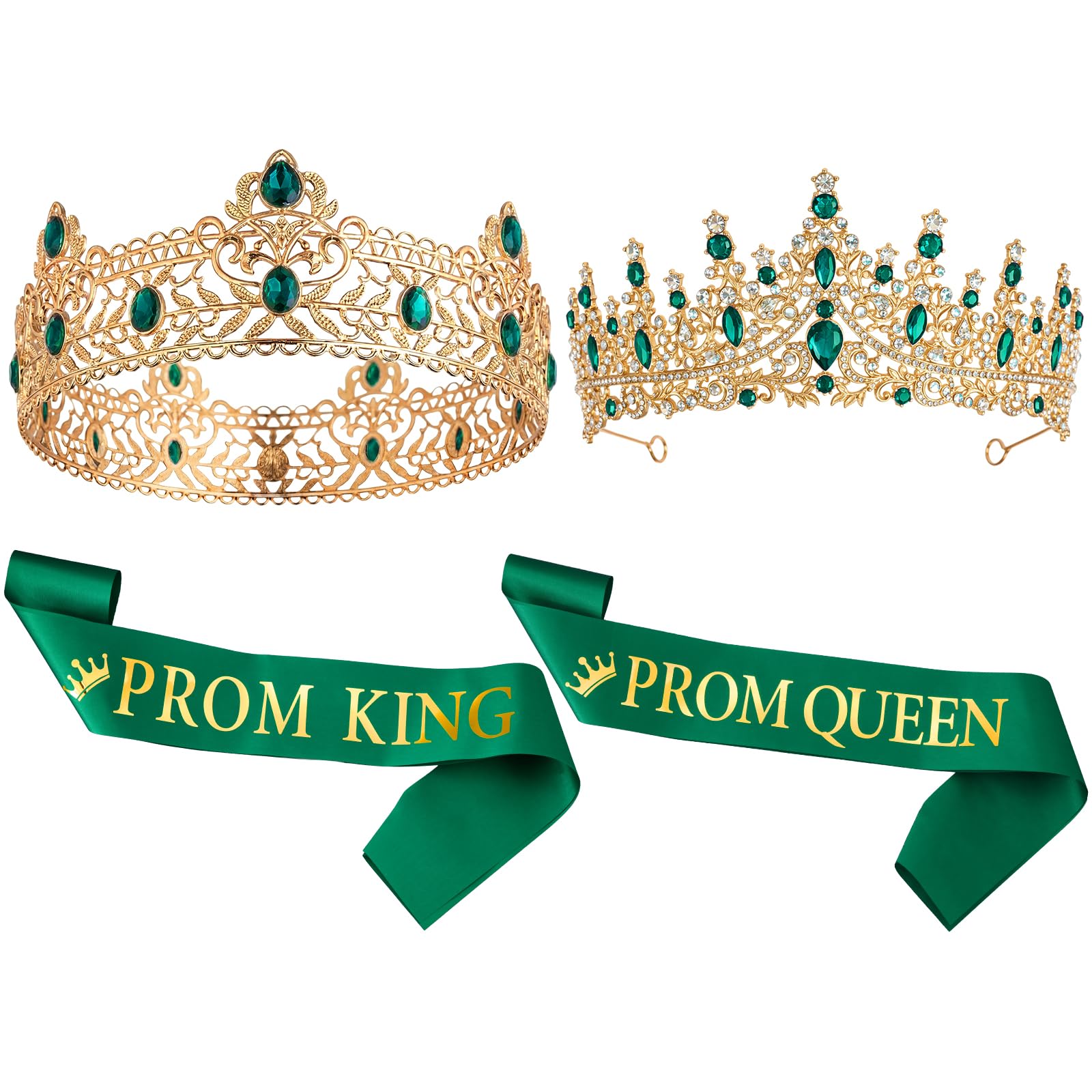 Retrowavy 4 Pcs Prom King and Queen Crown Set with Sashes Prom King Queen Sash and Tiara Set for 2026 Grad Birthday Carnival Wedding Costume Accessories(Dark Green)