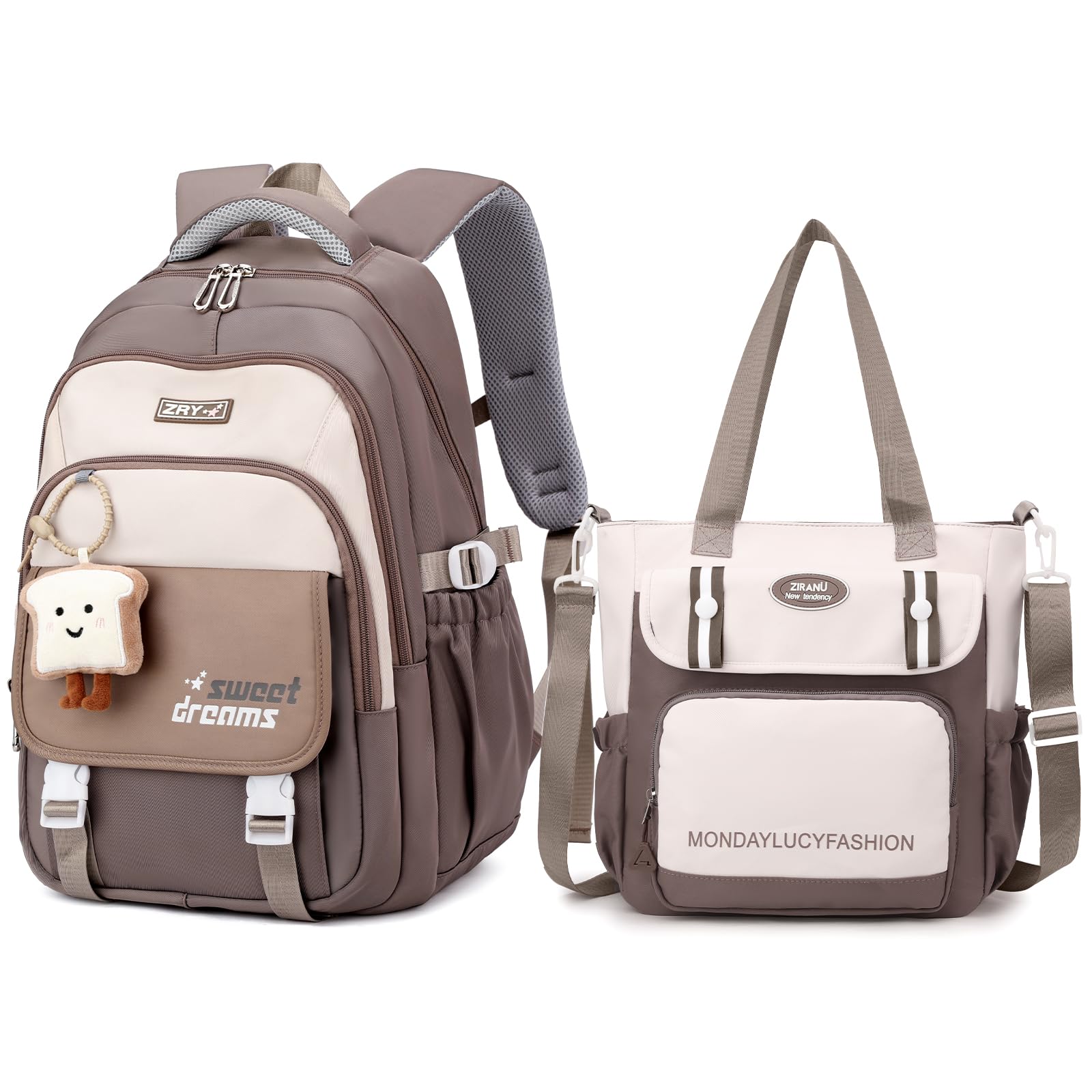 Amythe Schulrucksack Mädchen 36L Schultasche Set mit Umhängetasche, Schulranzen für 3. bis 7. Klasse, Braun