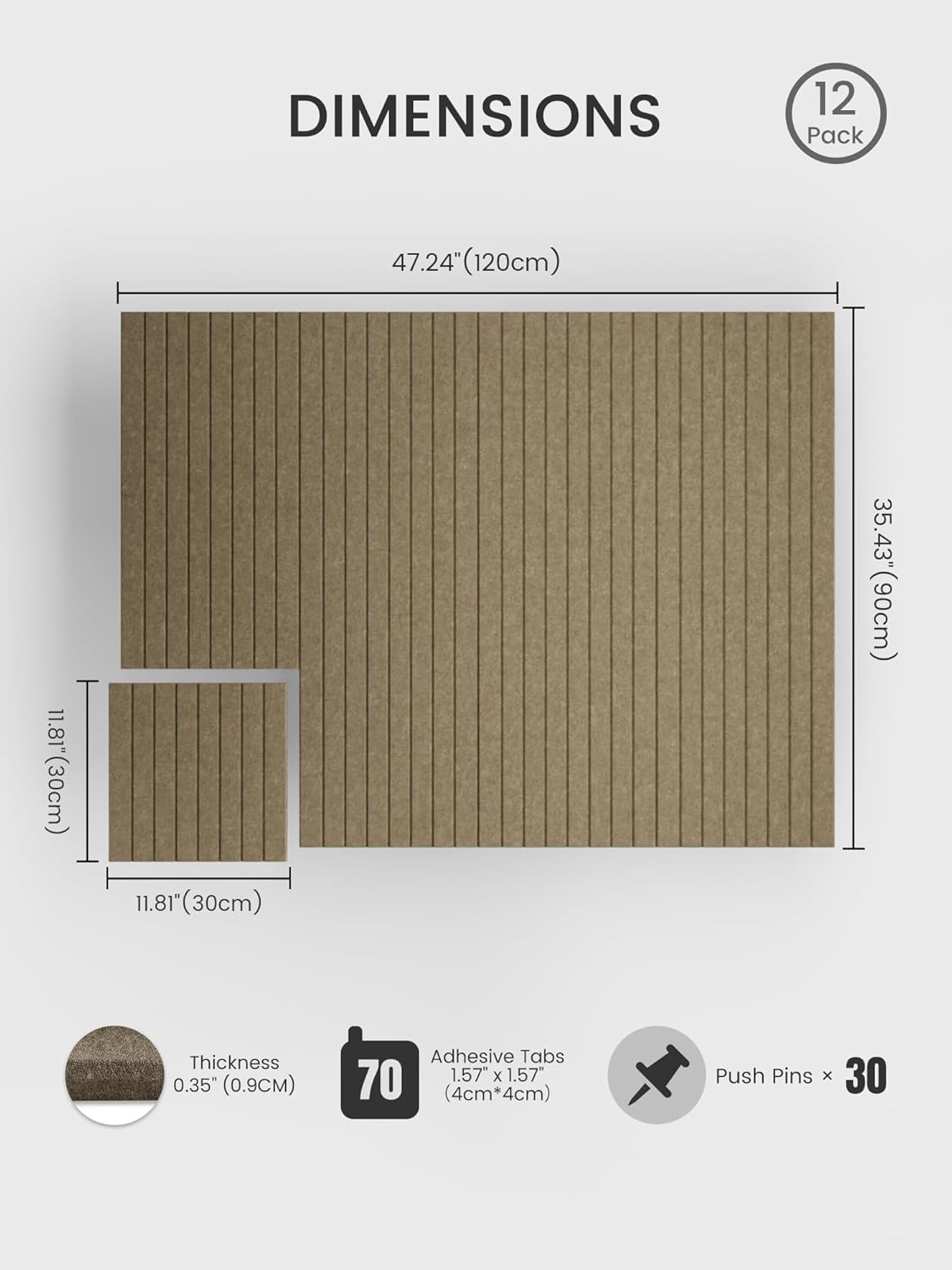 Bumusty Large Cork Board Alternative-48 x 36" Felt Bulletin Board Tiles, with 30 Pushpins, 70 Adhesive Tabs, 12-Pack Slat Wall Paneling, Cork Boards for Office Push Pin Board Felt Board-Earth Brown