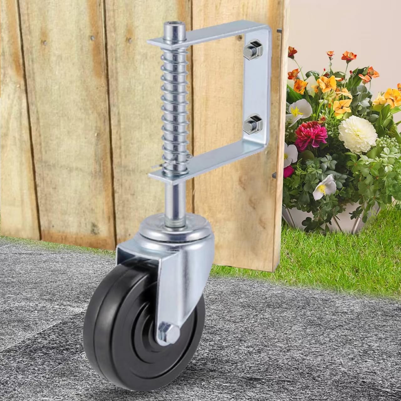 Gate Caster 4”and 5", Heavy Duty Gate Caster Wheel with Spring Loaded,Universal Mount Pate, 250-500 lbs Load Capacity, 4 and 5 Inches Rubber Wheel(Two