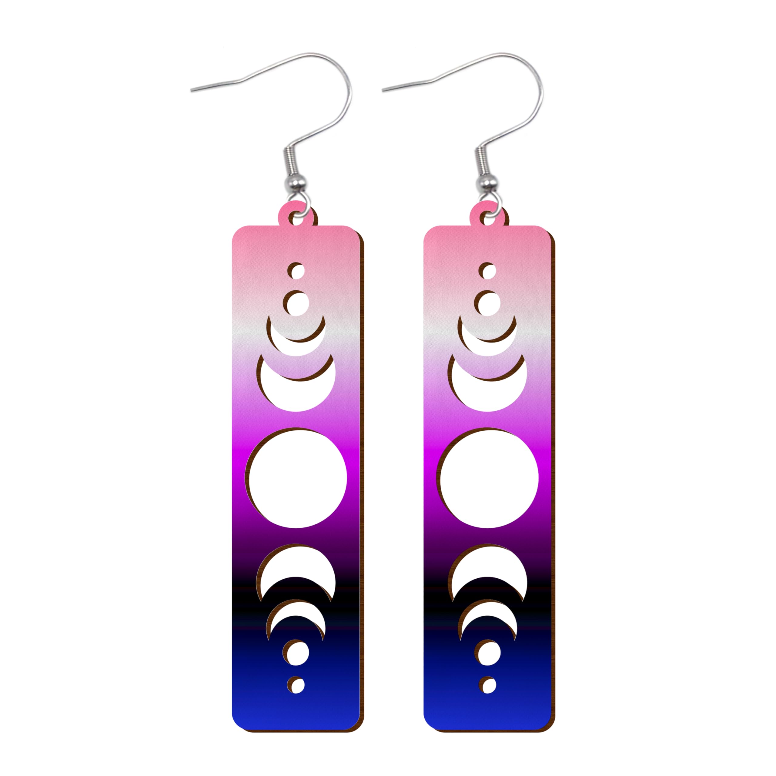 LGBTQIA+ Wooden Moon Phase Earrings, Pride Flag Dangle Earrings for LGBTQ Community, Rainbow Jewelry Gift for Gay, Lesbian, and All Identities