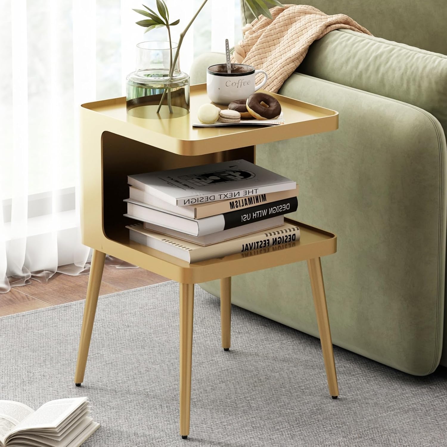Gold Nightstand with Storage, 2 Tier Small End Tables Bedroom, Modern Side Tables Living Room with 4 Legs, Square Accent Table for Small Spaces Indoor Outdoor, Easy Assembly Gold Rectangular