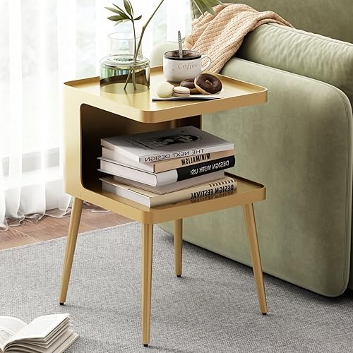 Miniatura 12 de Mesa auxiliar moderna negra, mesas auxiliares pequeñas de 2 niveles, mesas auxiliares de metal, sala de estar con 4 patas, mesita de noche negra,