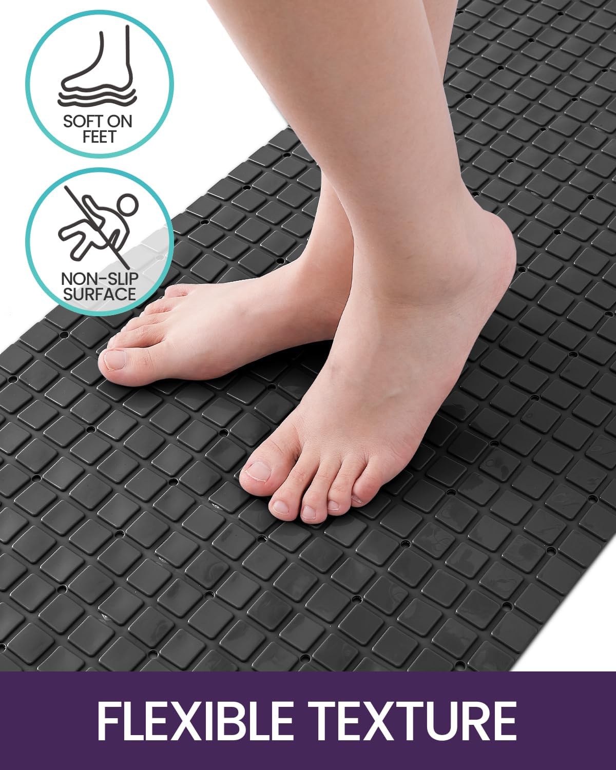 DEXI Bathtub Mat Non Slip, Extra Long 39x16, Suction Cups, Drain Holes, Machine Washable for Tub Shower Floor, Black - Image 3