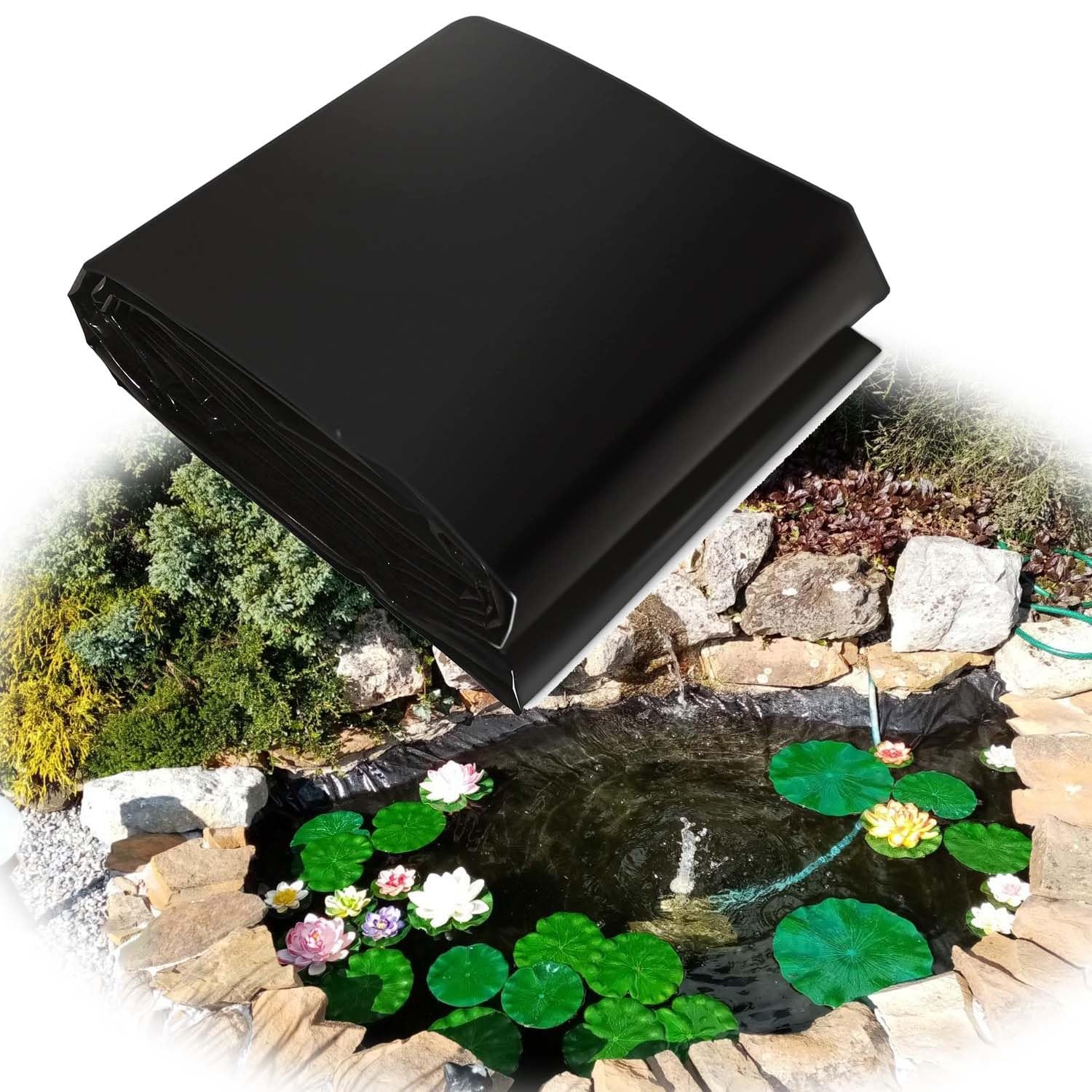 Rivestimento nero resistente ai raggi UV, spessore 0,12 mm, disponibile in 3 x 5 m, 4 x 5 m, 4,5 x 7 m, 7 x 7 m, perfetto per laghetti da giardino, acquacoltura, cascate e laghi artificiali.