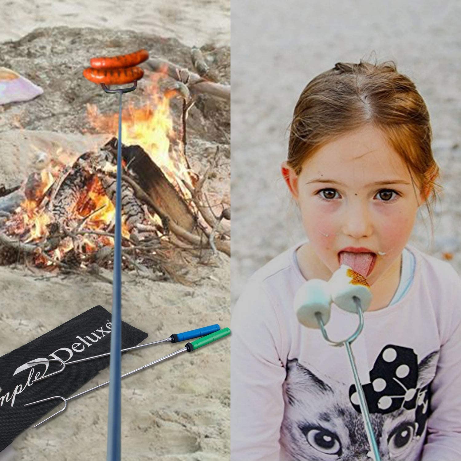 Simple Deluxe Kit di 10 bastoncini per arrostire marshmallow da 86,4 cm, design allungabile, spiedini telescopici e forchette per hot dog con manico in legno