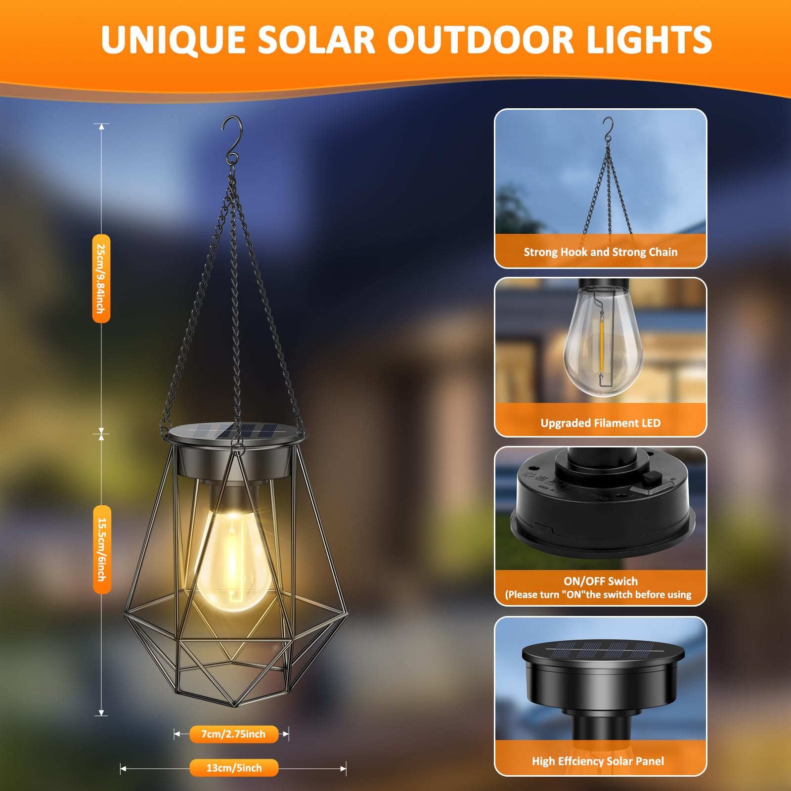 Solar Lights Outdoor Garden, 2 Pack Hanging Lanterns with Bulb Chain Hook, Metal Lantern Outdoor Garden Light Warm White - Image 2