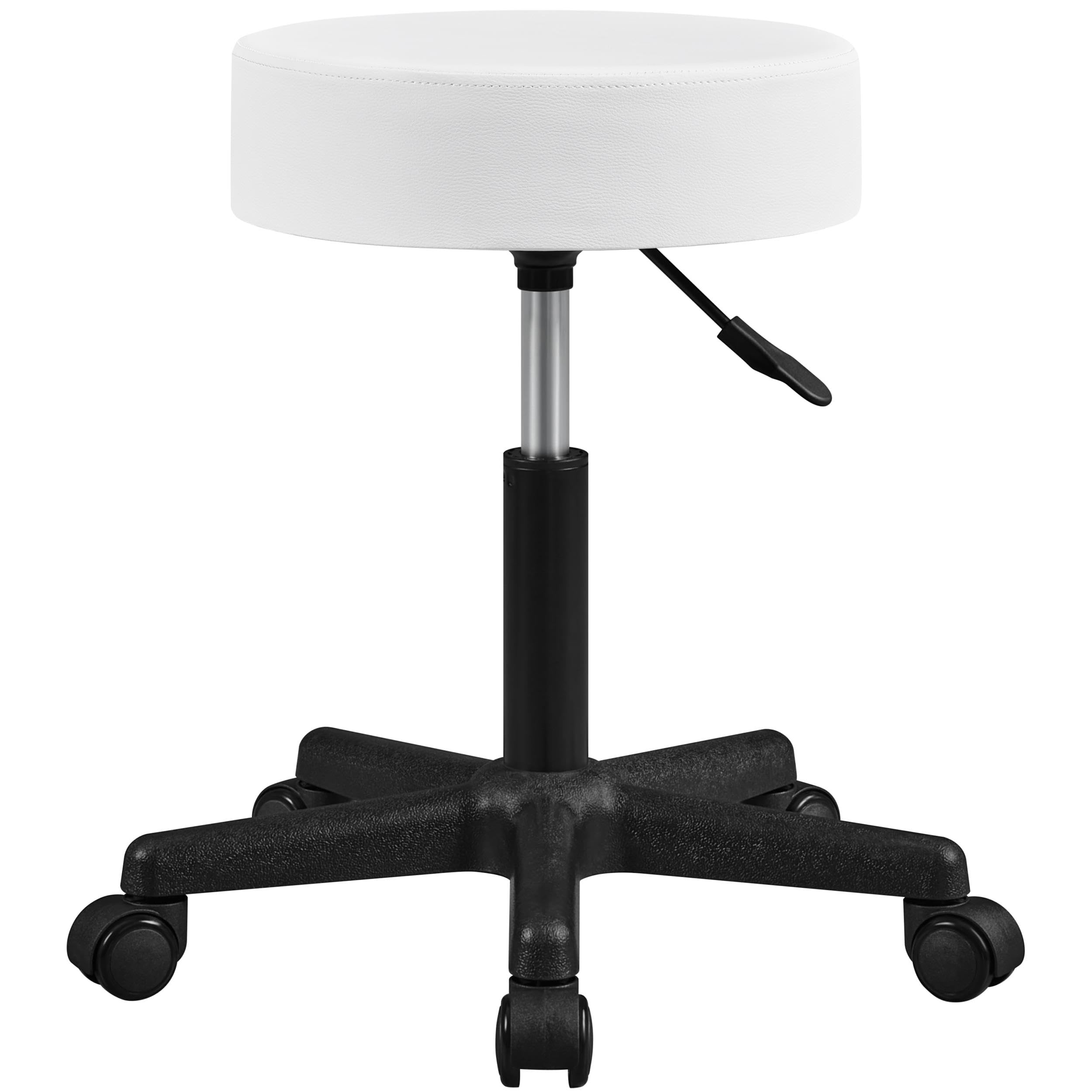 Yaheetech Taburete de Bar, con Ruedas, Silla Alta, Regulable en Altura, Giratorio, Cubierta PU, Trabajo para Salón de Belleza, Peluquería, Oficina, Consultas Blanco