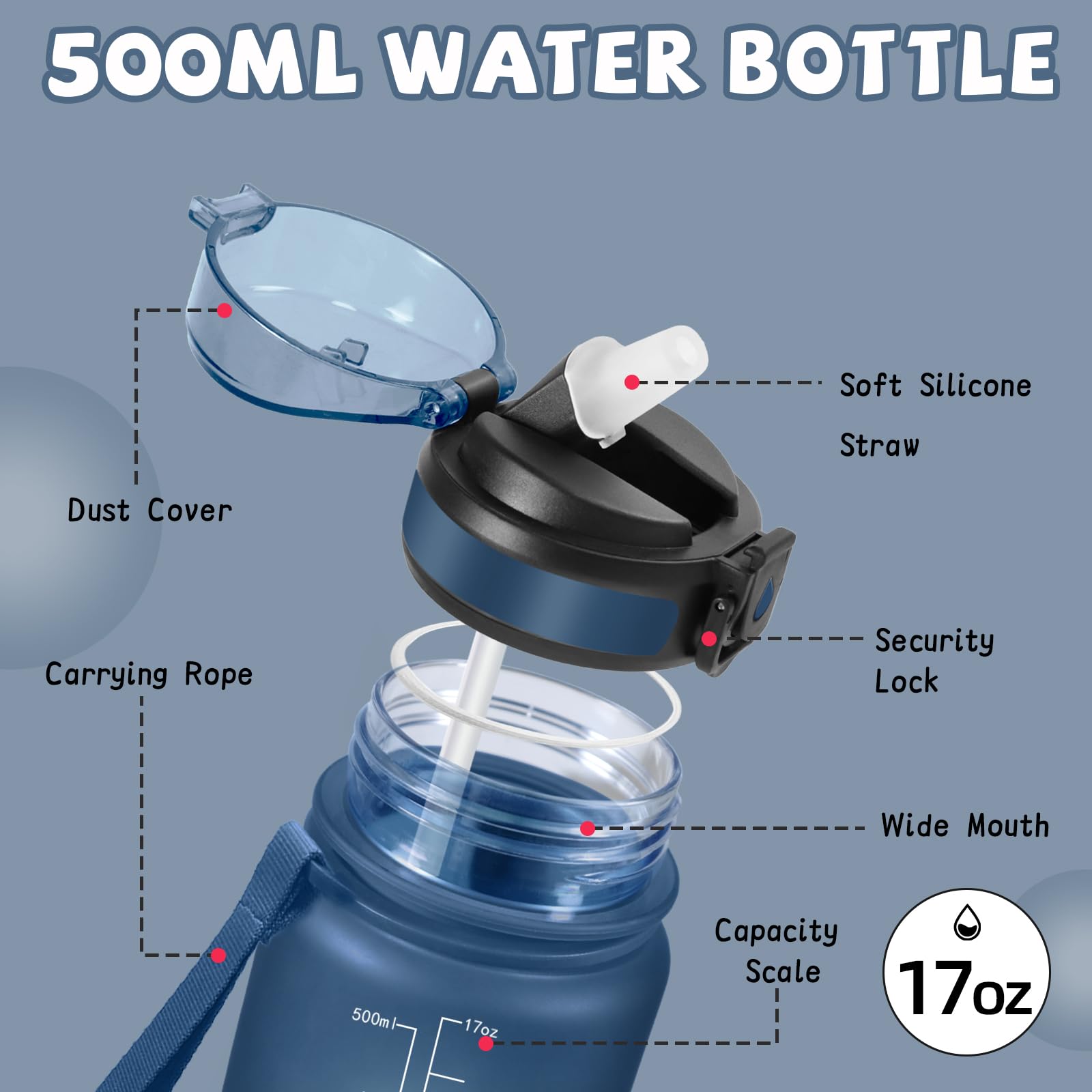 Grsta Borraccia, 500ml Borraccia Bambini, Senza Perdite, Borraccie con Cannuccia, Facile da Pulire, Borraccie Motivazionale, con Slogan Motivazionale, Borracce per Scuole, Campeggio, Ufficio