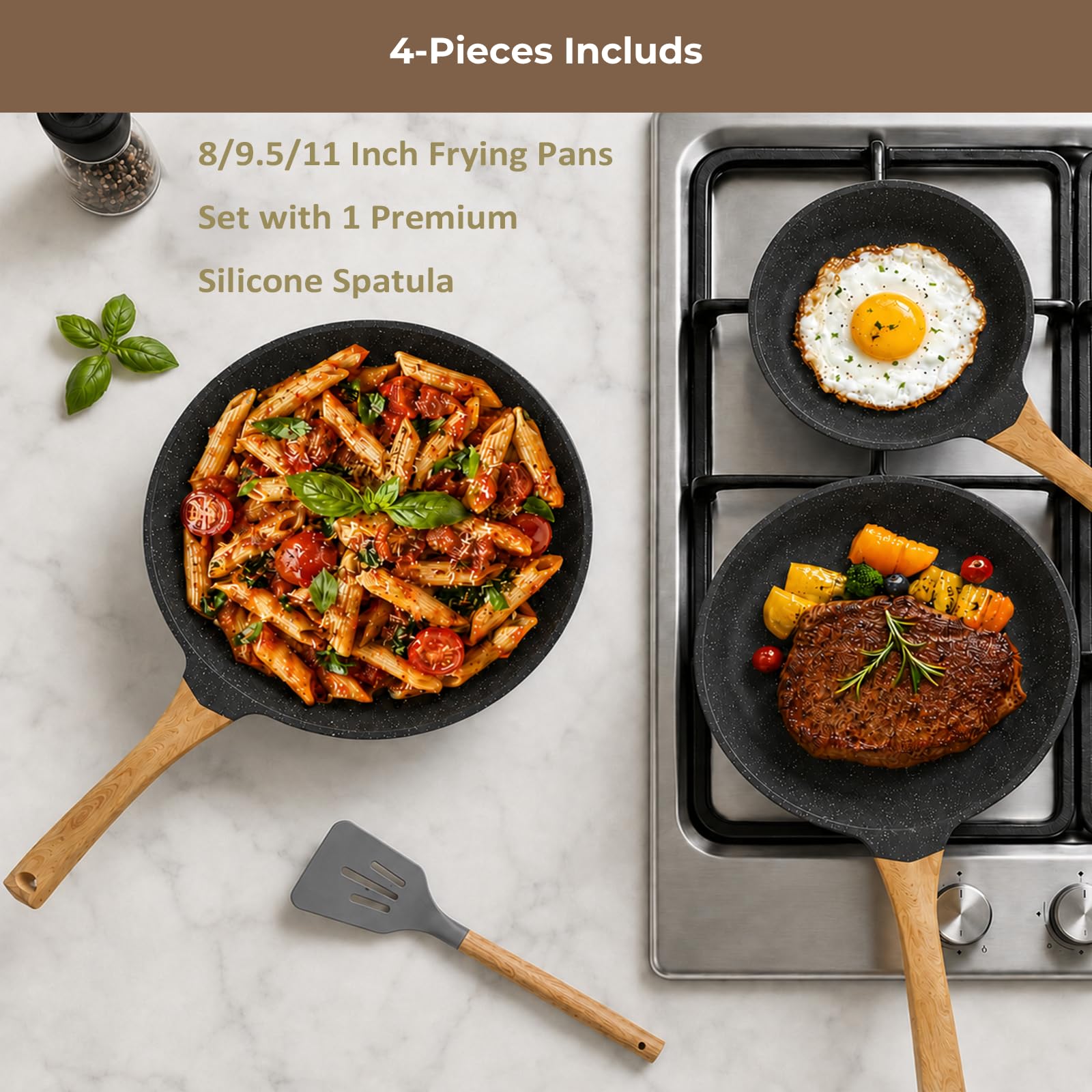 ITSMILLERS Juego de sartenes antiadherentes de cocina de 3 piezas, sartenes antiadherentes fundidas a presión con parte inferior de inducción, sartenes de 8, 9.5 y 11 pulgadas con asas que se