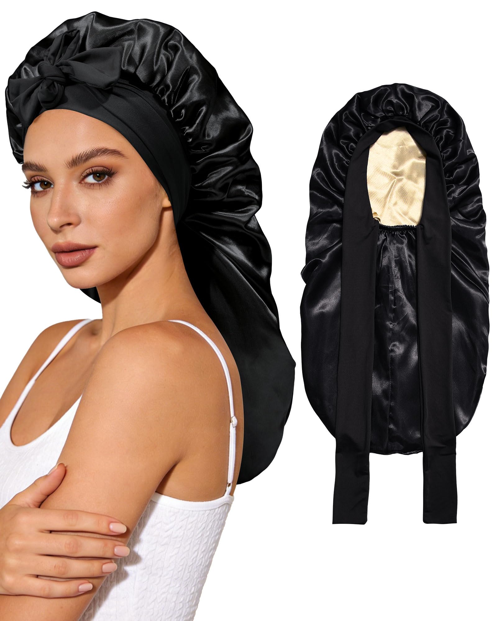 AWAYTR Long Satin Bonnet for Sleeping - Double Layer Reversible Silk Bonnet for Long Hair Women Sleeping Cap with Tie Band